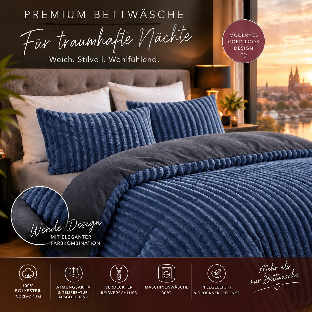 Leonado Vicenti Bettwäsche CORD Optik, Teddy Plüsch, Cashmere Touch, Fleece, 3 teilig, Winter, Wendeseite Anthrazit, flauschig, warm, Nicky-Plüsch – Bild 3 von 5