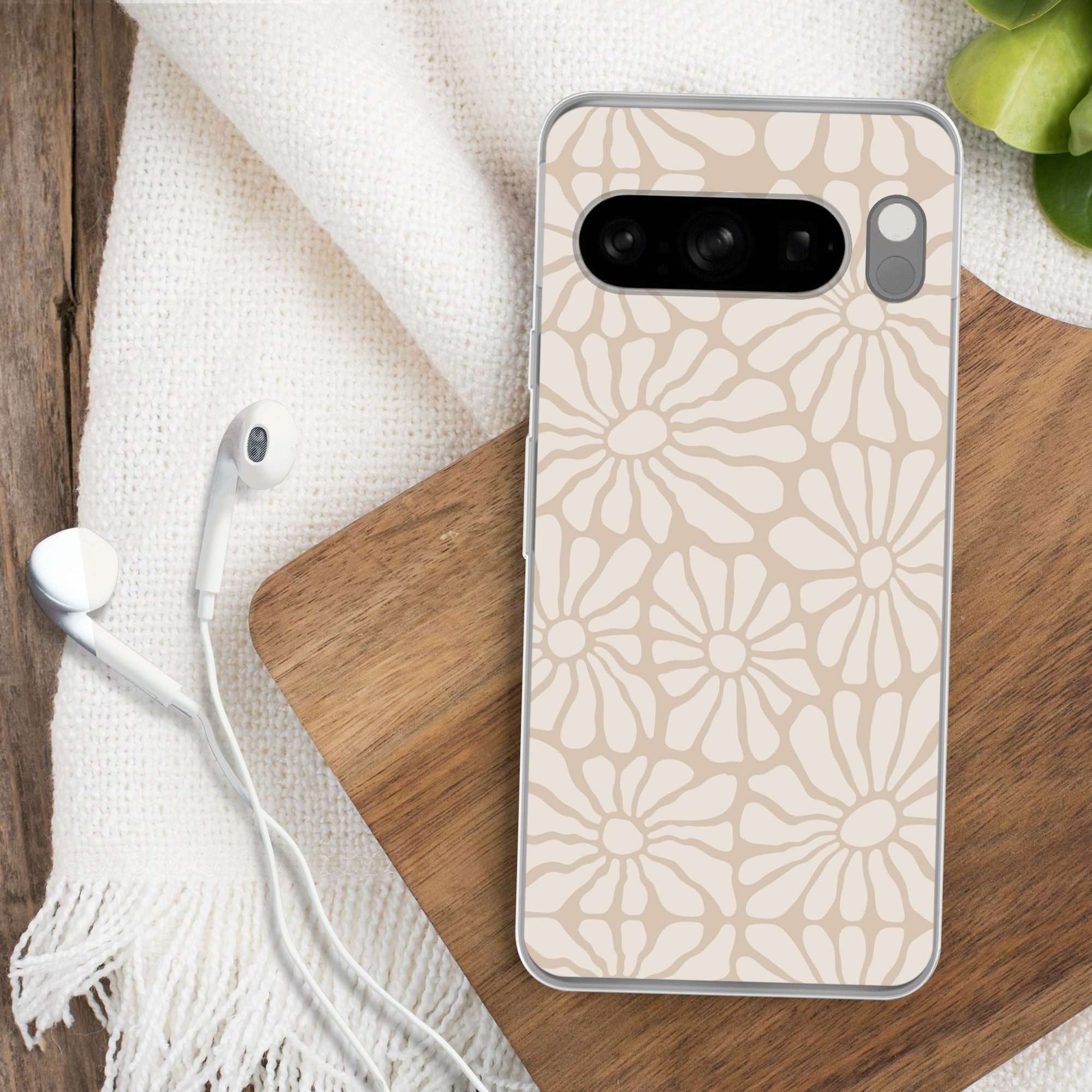 MuchoWow Handyhülle für Google Pixel 8 Pro Floral - Druck - Beige - Braun - Minimalistisch, Phone Case, Silikon, Schutzhülle Dünn