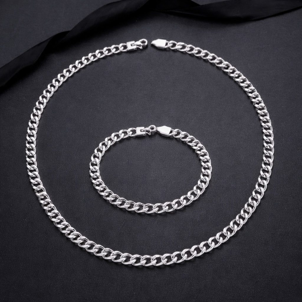 Kim Johanson Schmuckset Panzerketten Schmuckset Silber, Cuban Chain Halskette & Armband aus Edelstahl