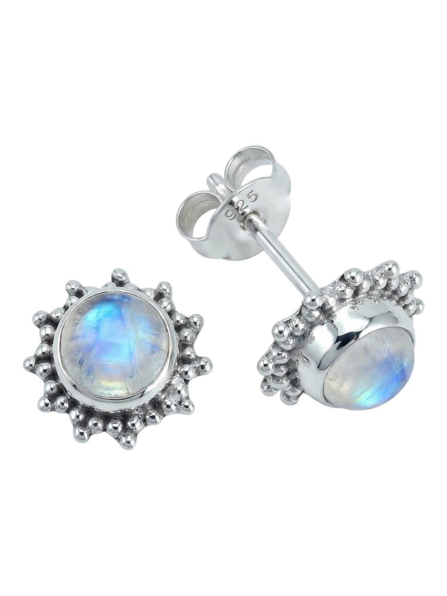 mantraroma Paar Ohrstecker BUWAN rund aus 925 Silber mit Regenbogen Mondstein (Paar, Paar Ohrringe mit Schmuckbeutel), 925 Sterling Silber Ohrringe für Damen