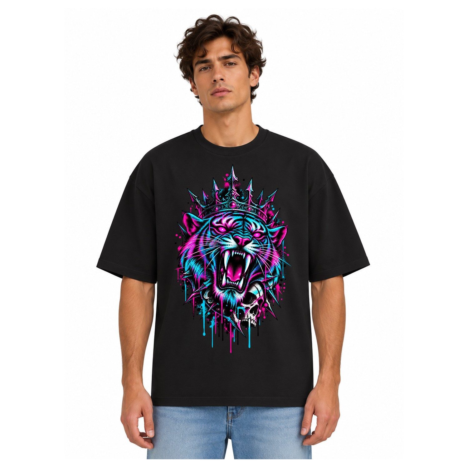 Blondie & Brownie T-Shirt Oversize T Shirt Herren Tigerkopf mit Totenkopf Frontmotiv (Einzelartikel) Kronenraubtier Neonrelikt Edition