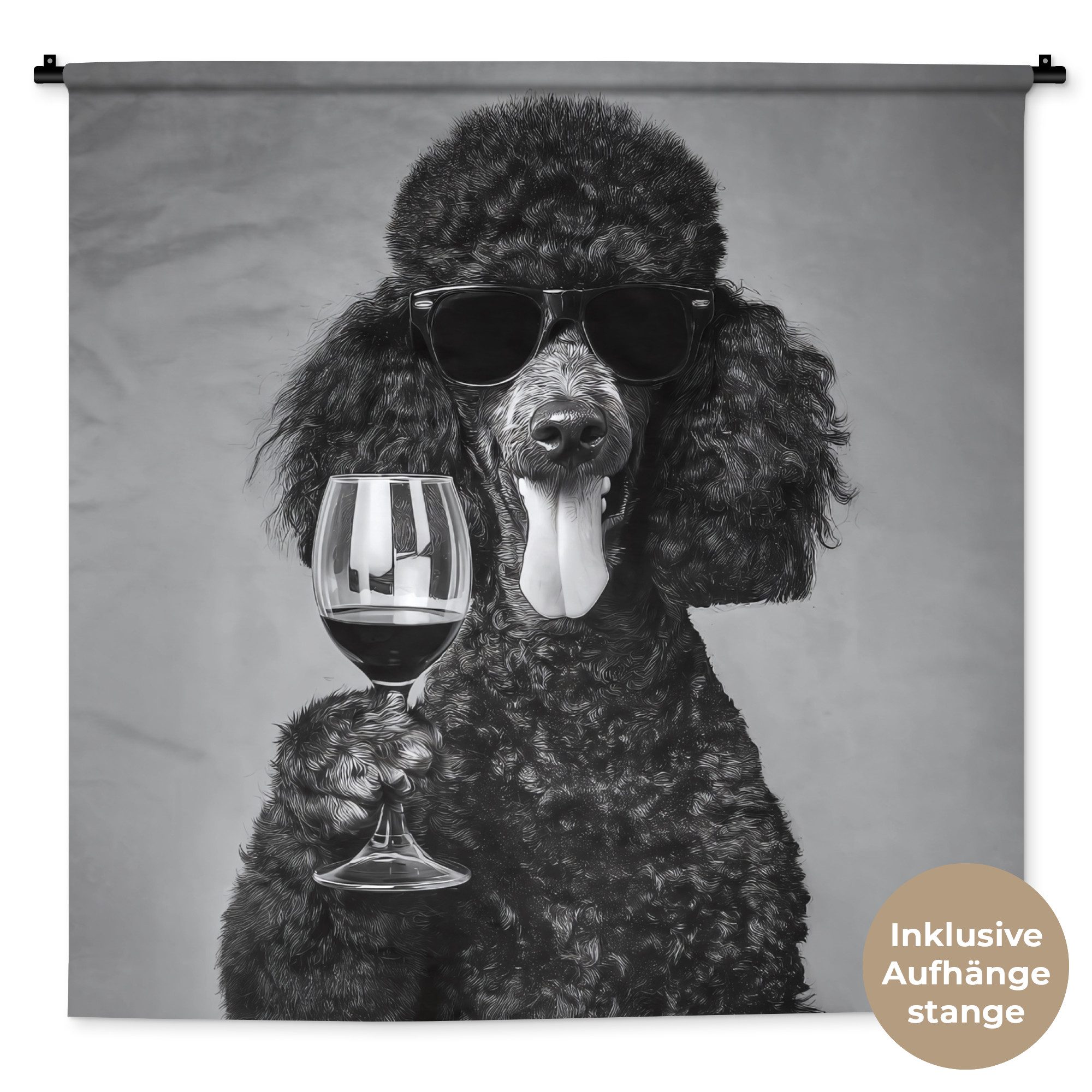 MuchoWow Wandteppich Hund - Locken - Sonnenbrille - Wein, Quadratisch, Höhe: 3 mm, Wandtuch, Wanddekoobjekt, 120x120 cm