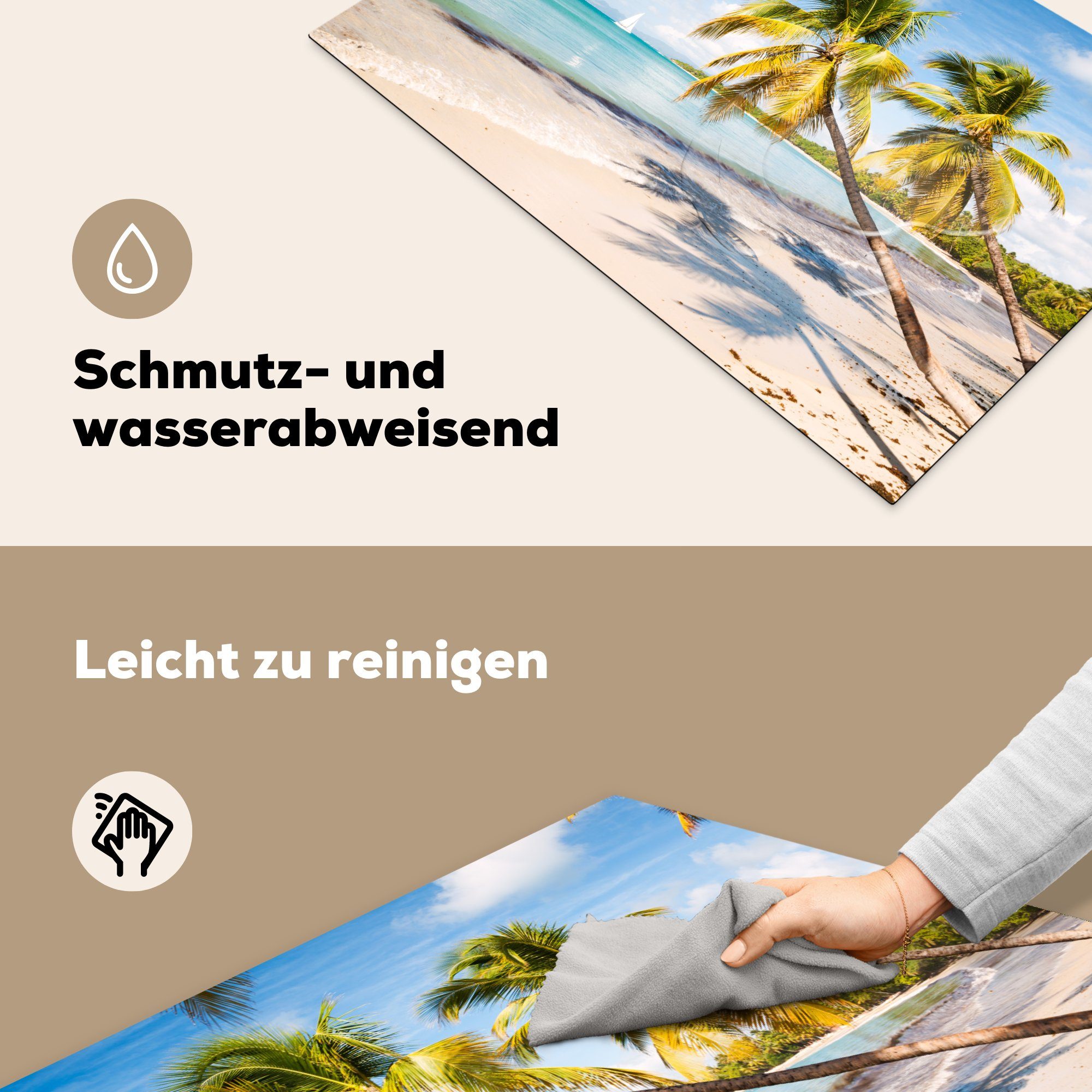 Vinyl, Strand Schutz küche, MuchoWow Herdblende-/Abdeckplatte - die 81x52 Palme für cm, Schatten, (1 tlg), Ceranfeldabdeckung Induktionskochfeld -