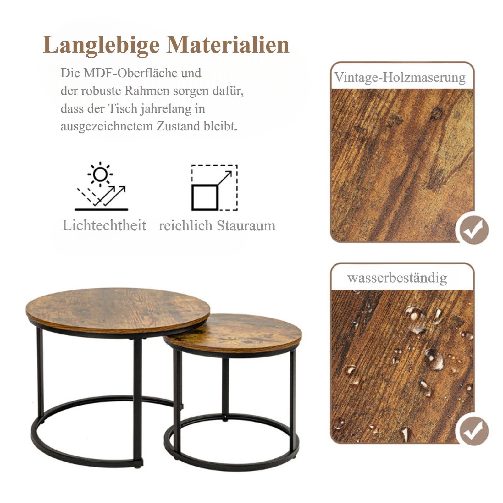 HawthyHome Couchtisch 2er-Set runde Beistelltische aus Holz & Metall (2-St), Moderne Kaffeetische für Wohnzimmer Schlafzimmer – Bild 4 von 5