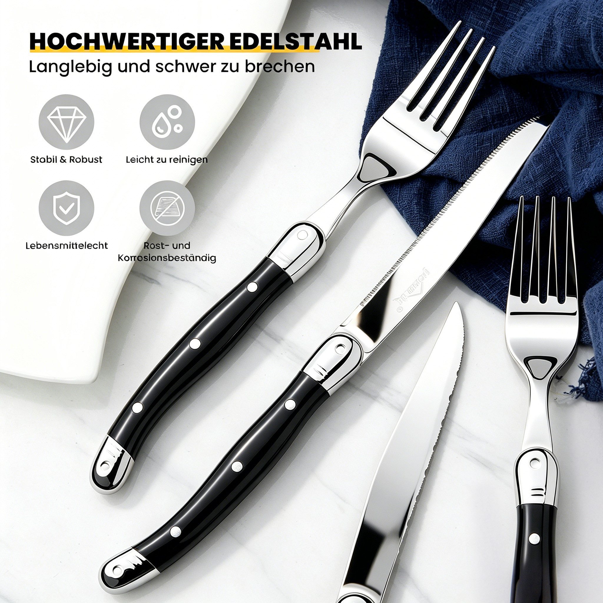 HOMELUX Besteck-Set Besteck set,Steakbesteck,ergonomische Haptik, Wellenschliff-Messer (12-tlg), 6 Personen, Edelstahl, Spiegelpoliert,Verspieltes Griff-Design,hochwertiger Besteckkasten