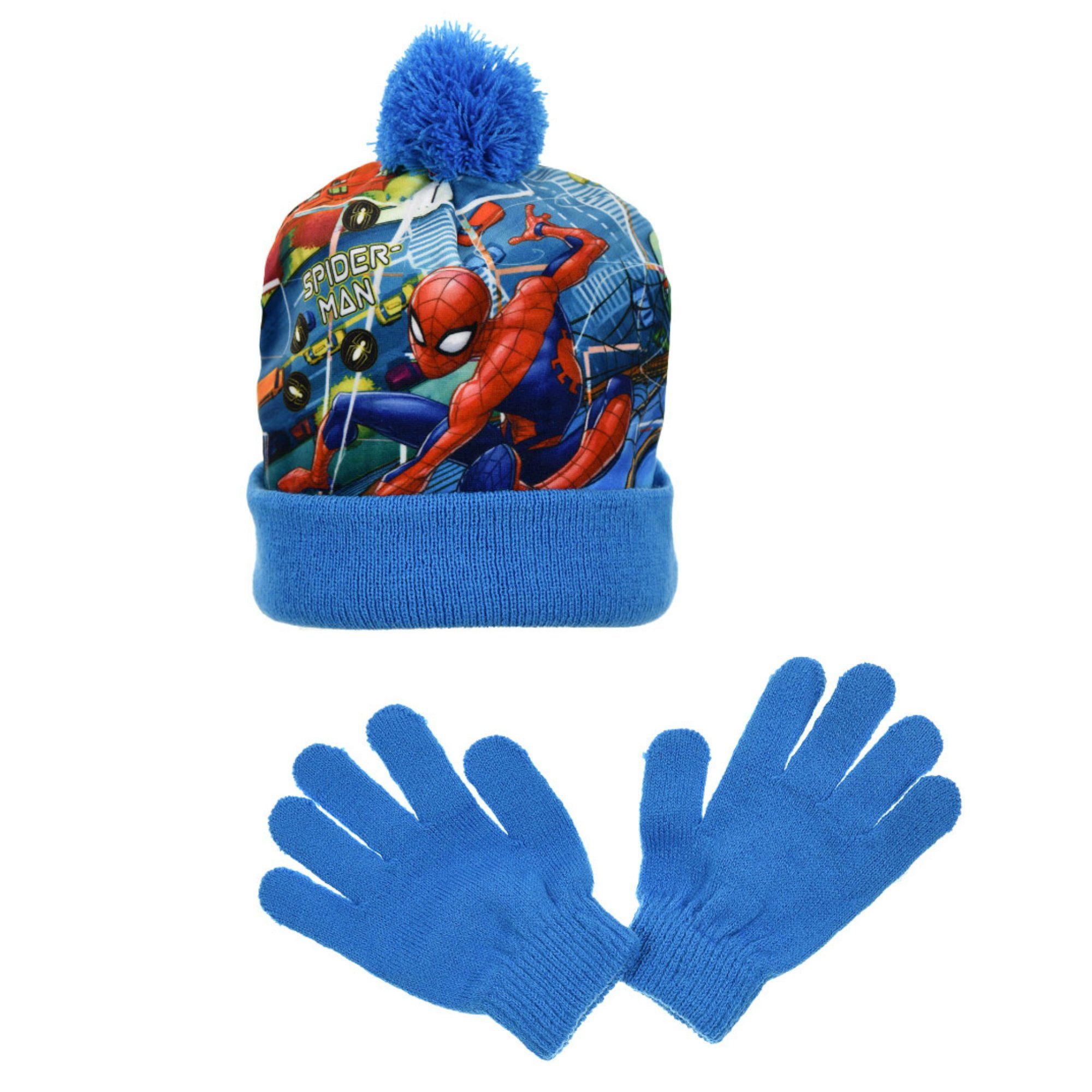 Spiderman 52 Set Winter Blau bis Kinder 54 plus (2-St) Handschuhe Ballonmütze Gr. MARVEL Mütze Herbst