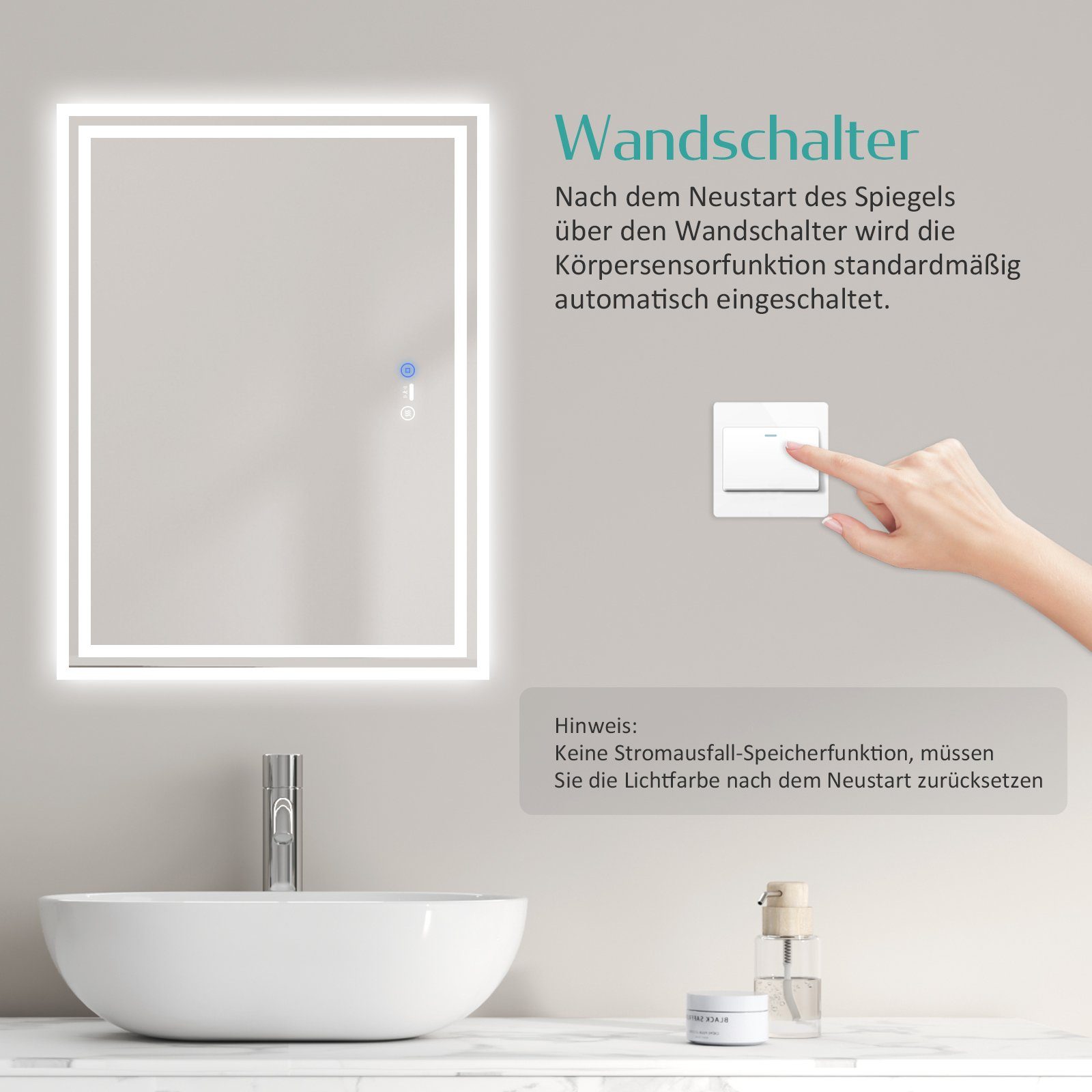 EMKE Badspiegel LED Badspiegel mit Wandspiegel, Farben Beleuchtung Beschlagfreiheit, mit Touch-Schalter und Lichts Dimmbarem Bewegungssensor des 3