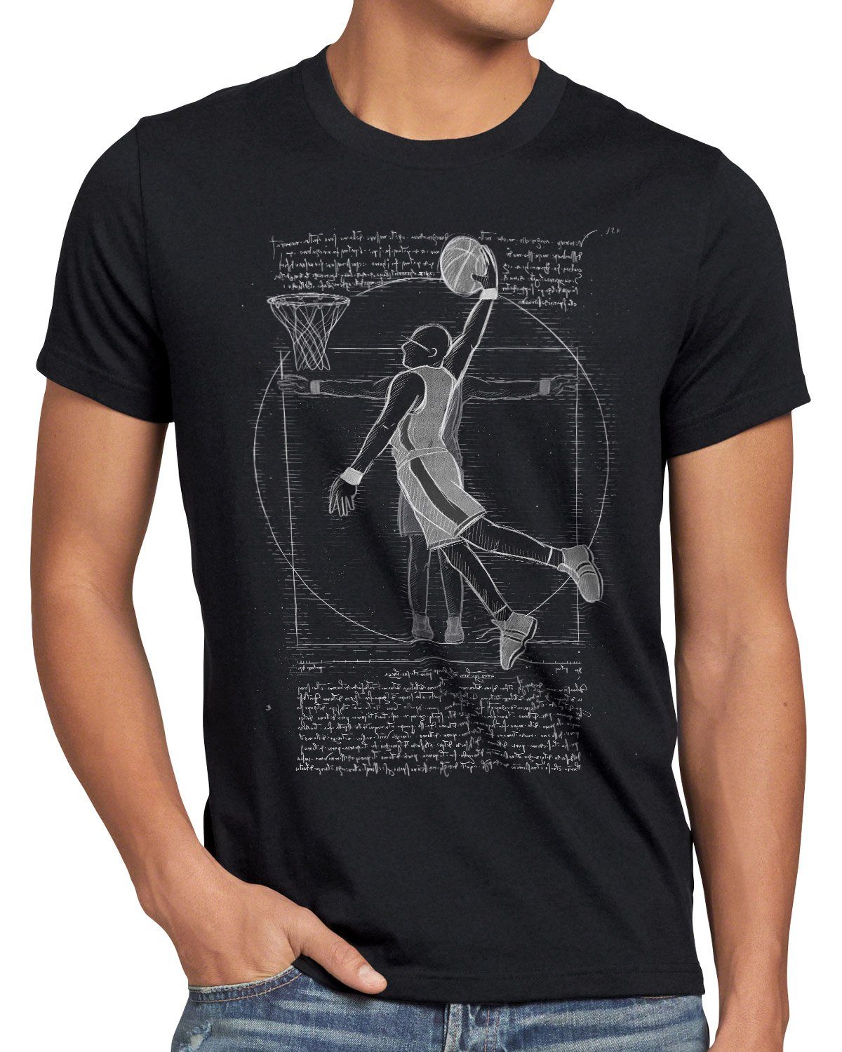style3 Print-Shirt Herren T-Shirt Vitruvianischer Basketballspieler ballsport da vinci mensch schwarz