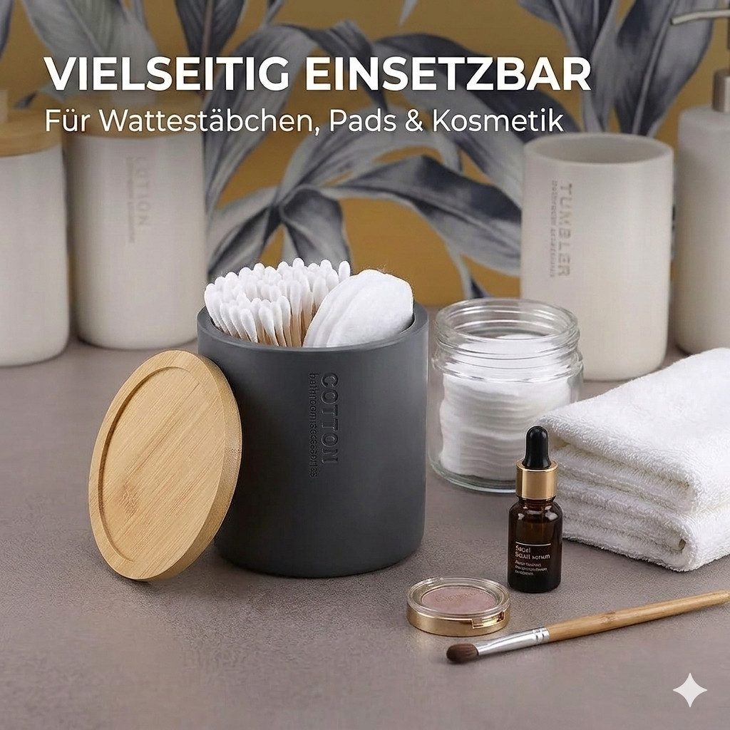 TENDANCE Wattestäbchenspender Wattedose Wattepadspender Kosmetikdose Wattebehälter Polyresin/Bambus