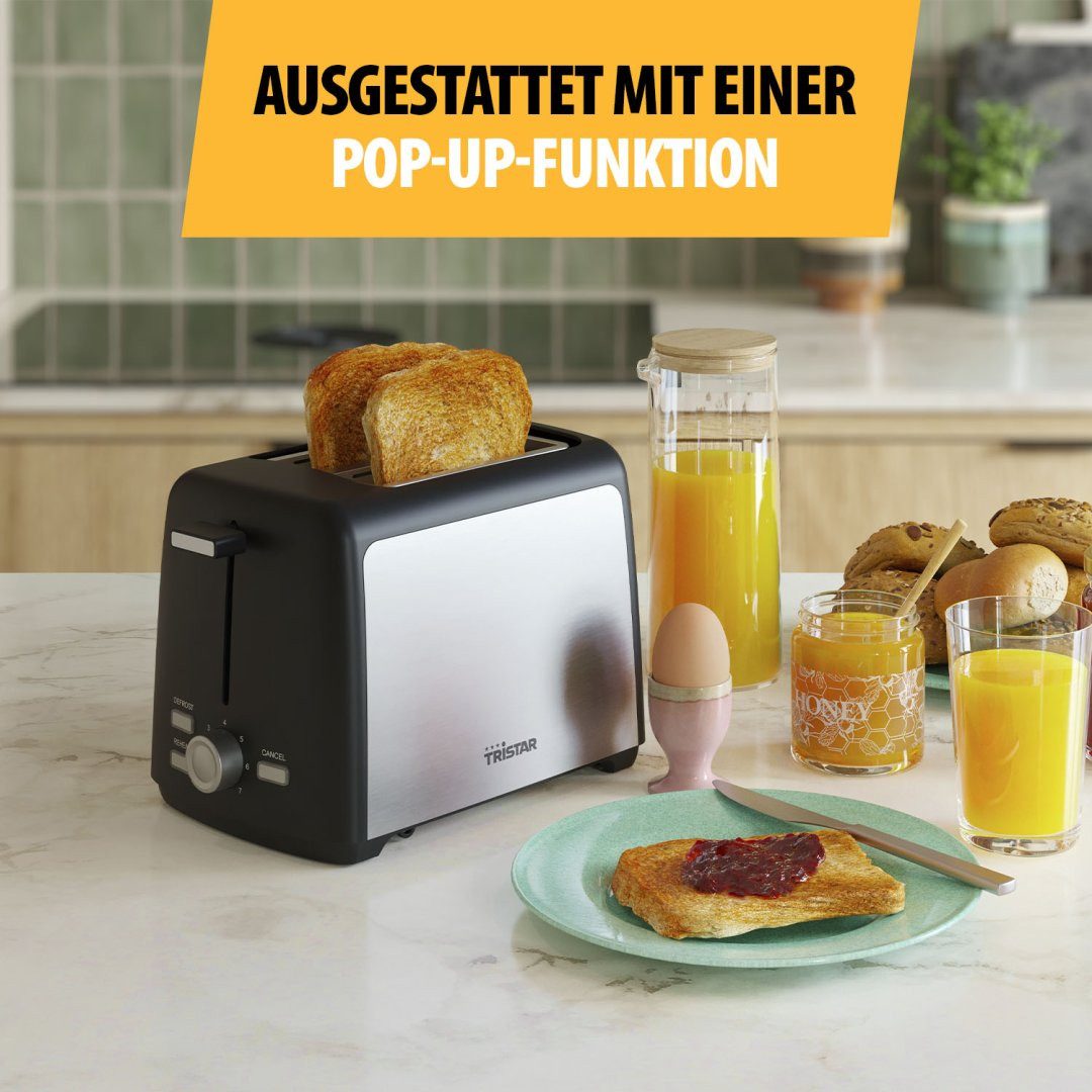 Tristar Toaster Tristar BR-1058 Edelstahl-Toaster – 7 Bräunungsstufen – 2 Schlitze, 2 kurze Schlitze, für 2 Scheiben, 800 W, Edelstahldesign, Krümelschublade, 7-Stufig