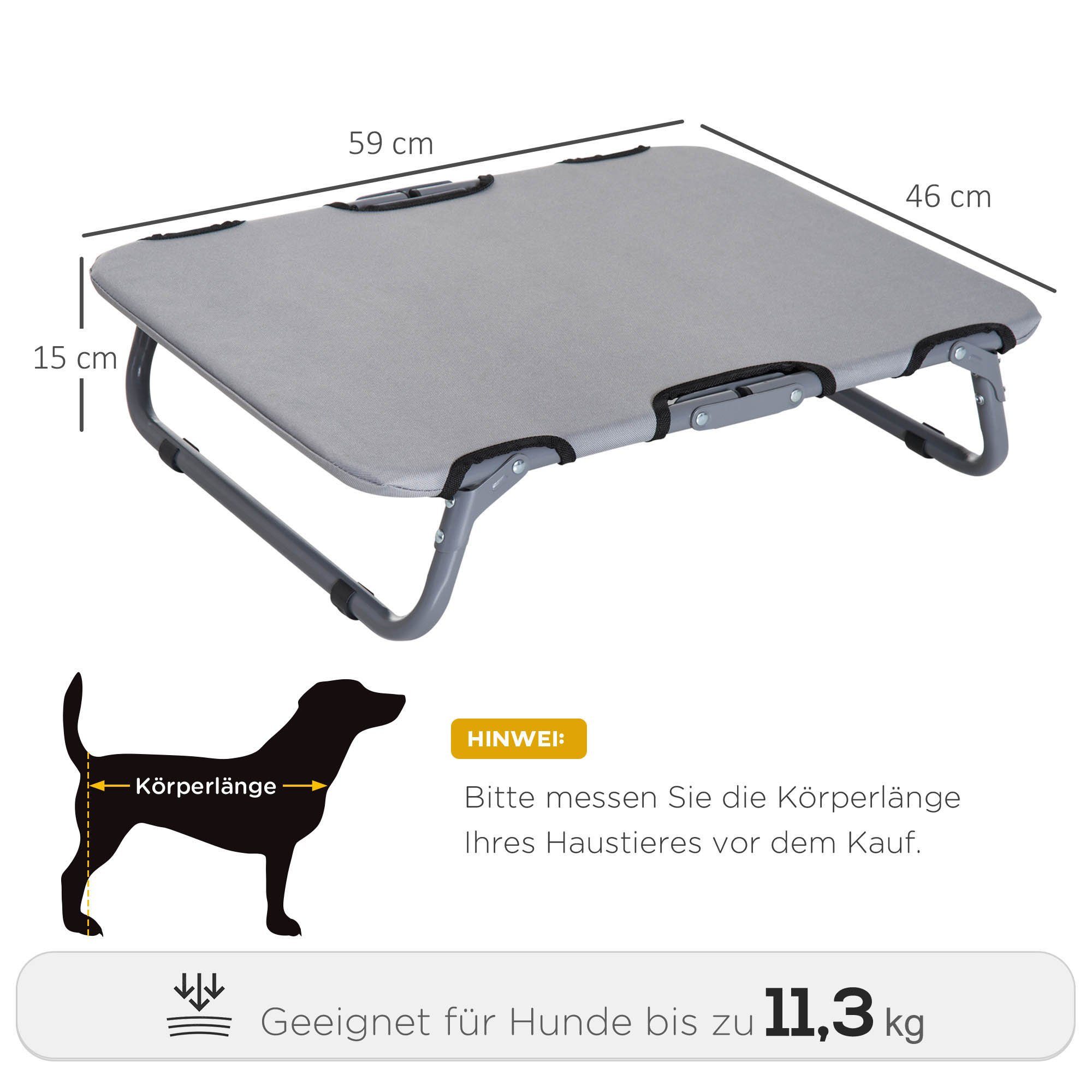 PawHut Tierbett für kleine Hunde, Gestell aus Stahlrohr, Bezug aus 600D Oxford, für Draußen Camping, 59 x 46 x 15 cm, Grau