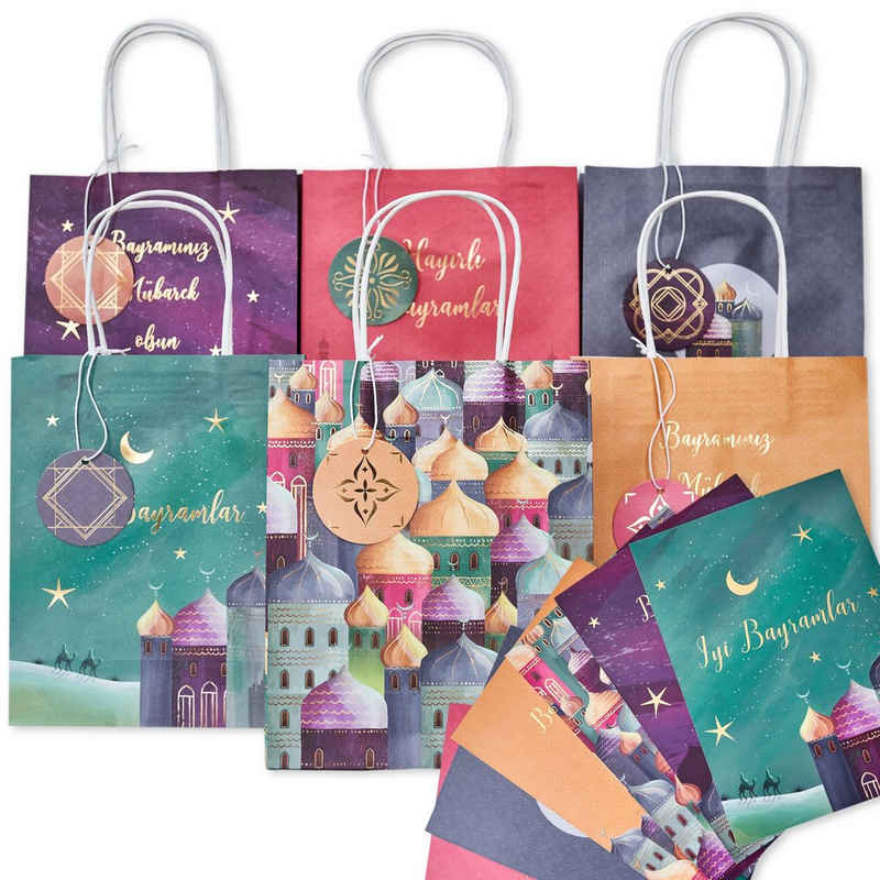 PAPIERDRACHEN Geschenkbox 6 bunte Henkeltüten zu Ramadan - mit Anhängern und Postkarten, mit Anhängern und Postkarten - ideal zum Verpacken von Geschenken