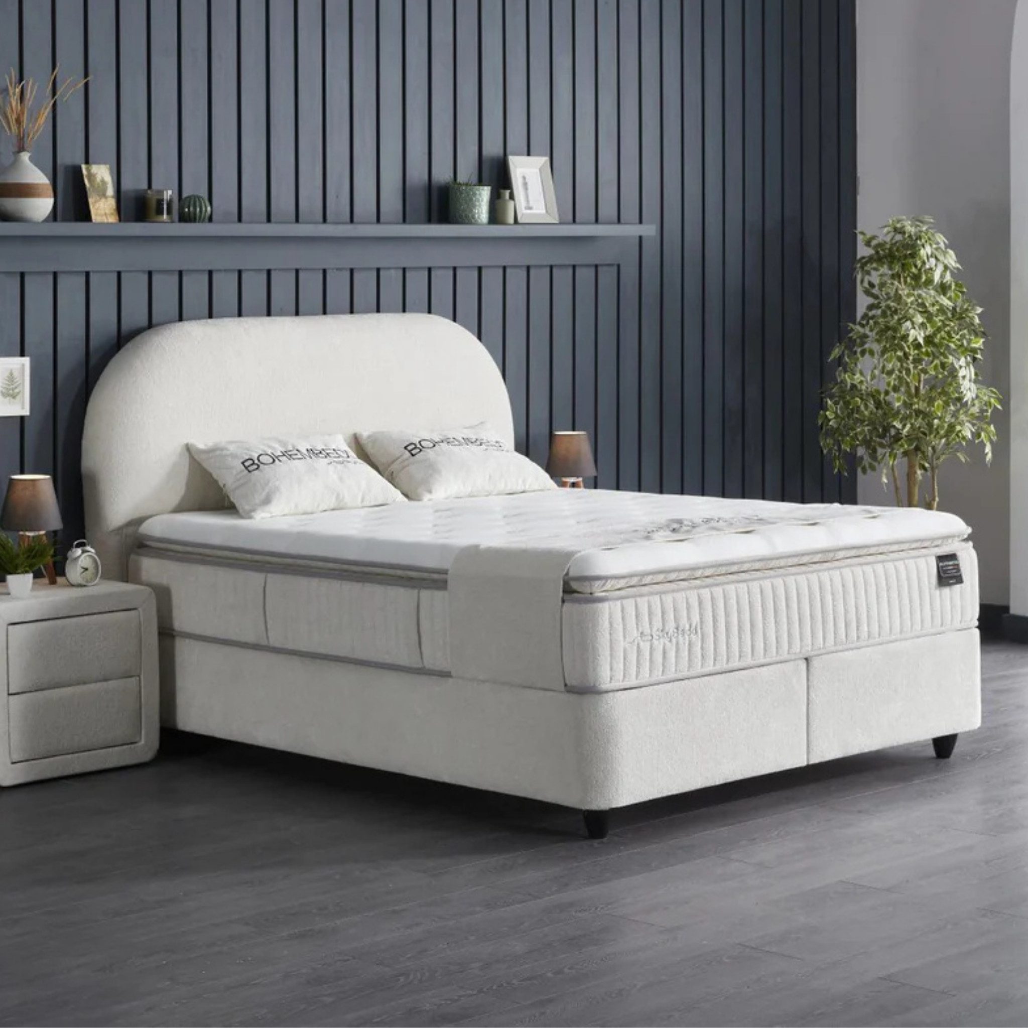gowoll Boxspringbett BOHEMBEDD Bett Set Boxpringbett mit Matratze Stauraumbett Doppelbett (Boxbett), Polsterbett Kontinentalbett, dekorativem Kopfteil