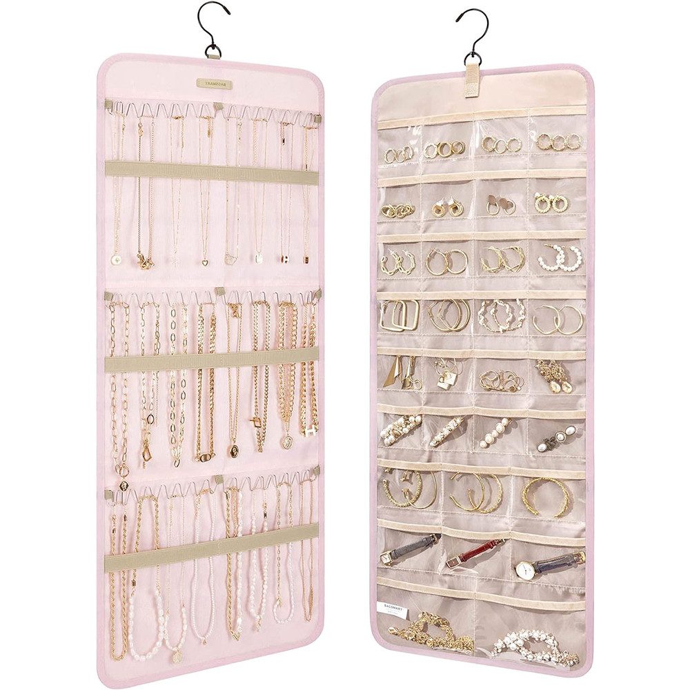 TUWENA Schmuckständer Hängender Schmuckorganizer, Schmuckaufbewahrung Doppelseitige, Mit 32 Taschen und 3 Metallhaken Ketten für Ohrringe Halsketten Ringe