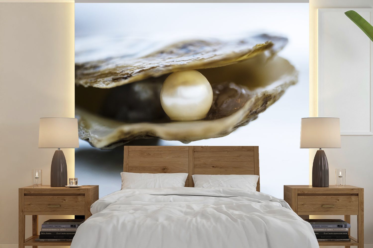 in Schlafzimmer, Austernschale, MuchoWow Wohnzimmer Perle Wandtapete bedruckt, St), einer Vinyl Matt, für (5 Tapete Fototapete oder