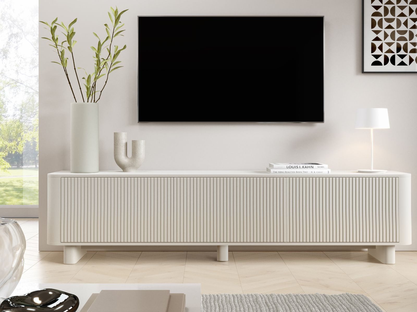 Compleo TV-Schrank 220 cm breit, Hängend oder auf Füßen, TV-Tisch japandi Nussbaum oder Kaschmir