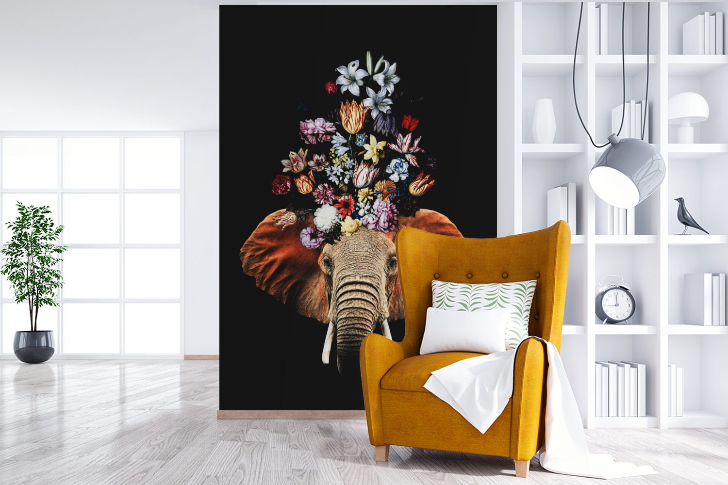 MuchoWow Fototapete Elefant Wohnzimmer, - Blumen Tapete Montagefertig Schwarz, (3 St), Vinyl Matt, für - Wandtapete bedruckt