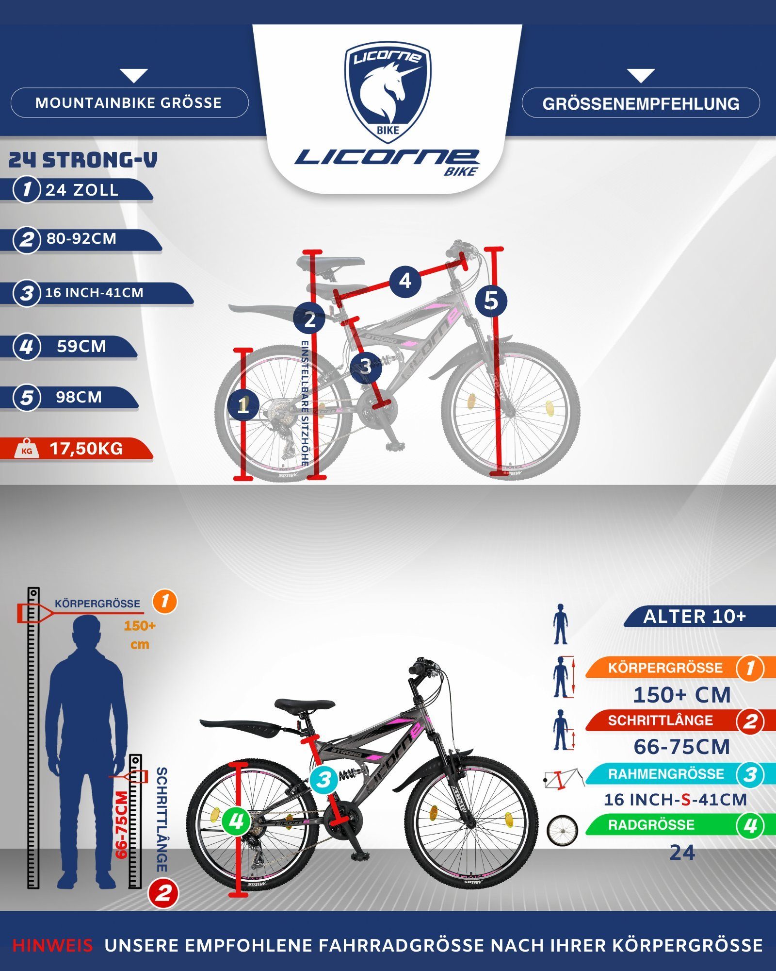 Licorne Bike Premium Strong Licorne und Anthrazit/Rosa Zoll, Mountainbike Gang V 26 in Bike 24 Mountainbike 21
