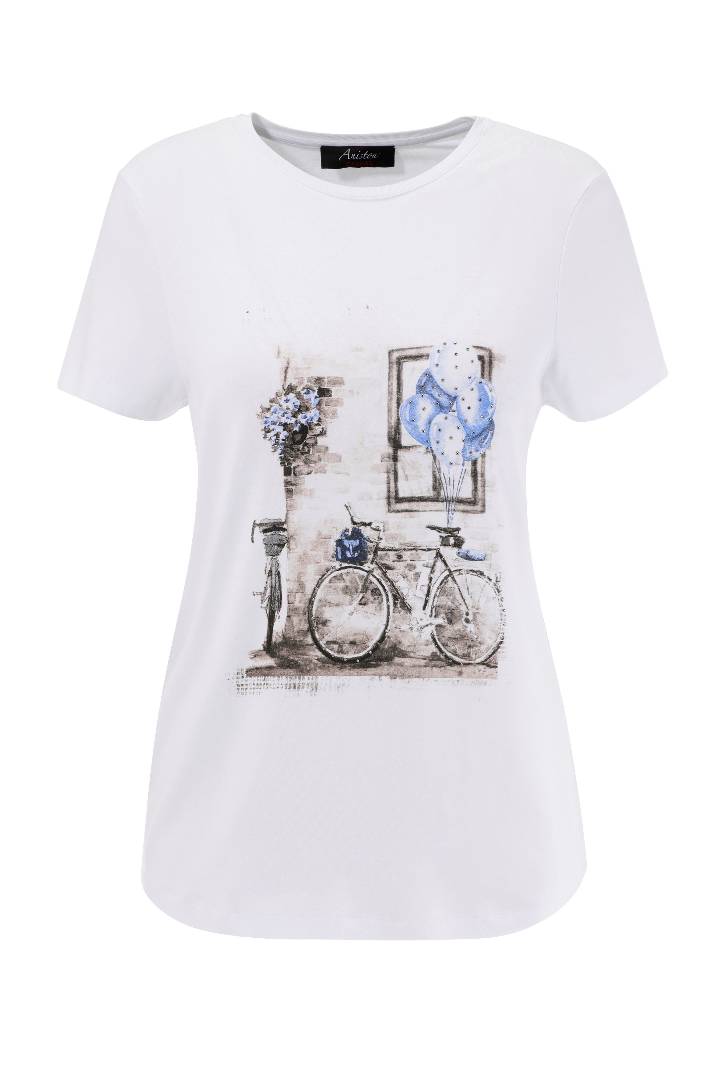 Glitzersteinchen mit CASUAL verzierter T-Shirt Frontdruck Aniston