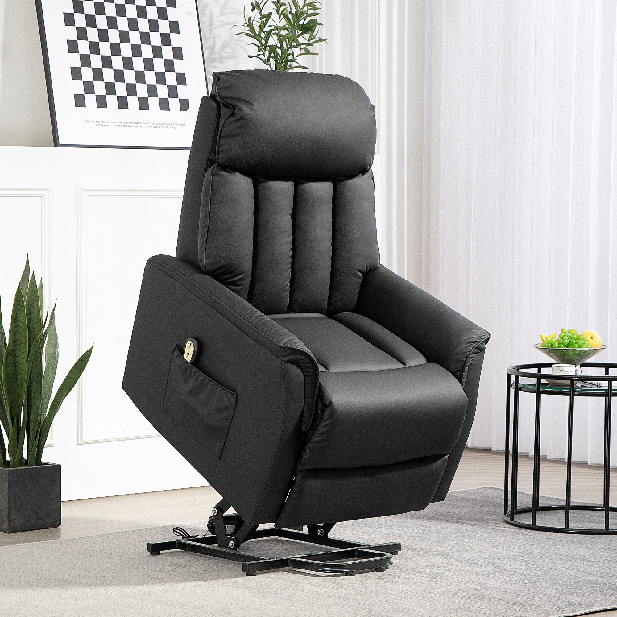 HOMCOM Relaxsessel Elektrisch TV Sessel mit Fußteil, Seitentasche, Fernbedienung (Fernsehsessel, Sessel mit Aufstehhilfe, Liegefunktion, 1-St., Kunstleder), 80 x 94 x 104 cm, Schwarz