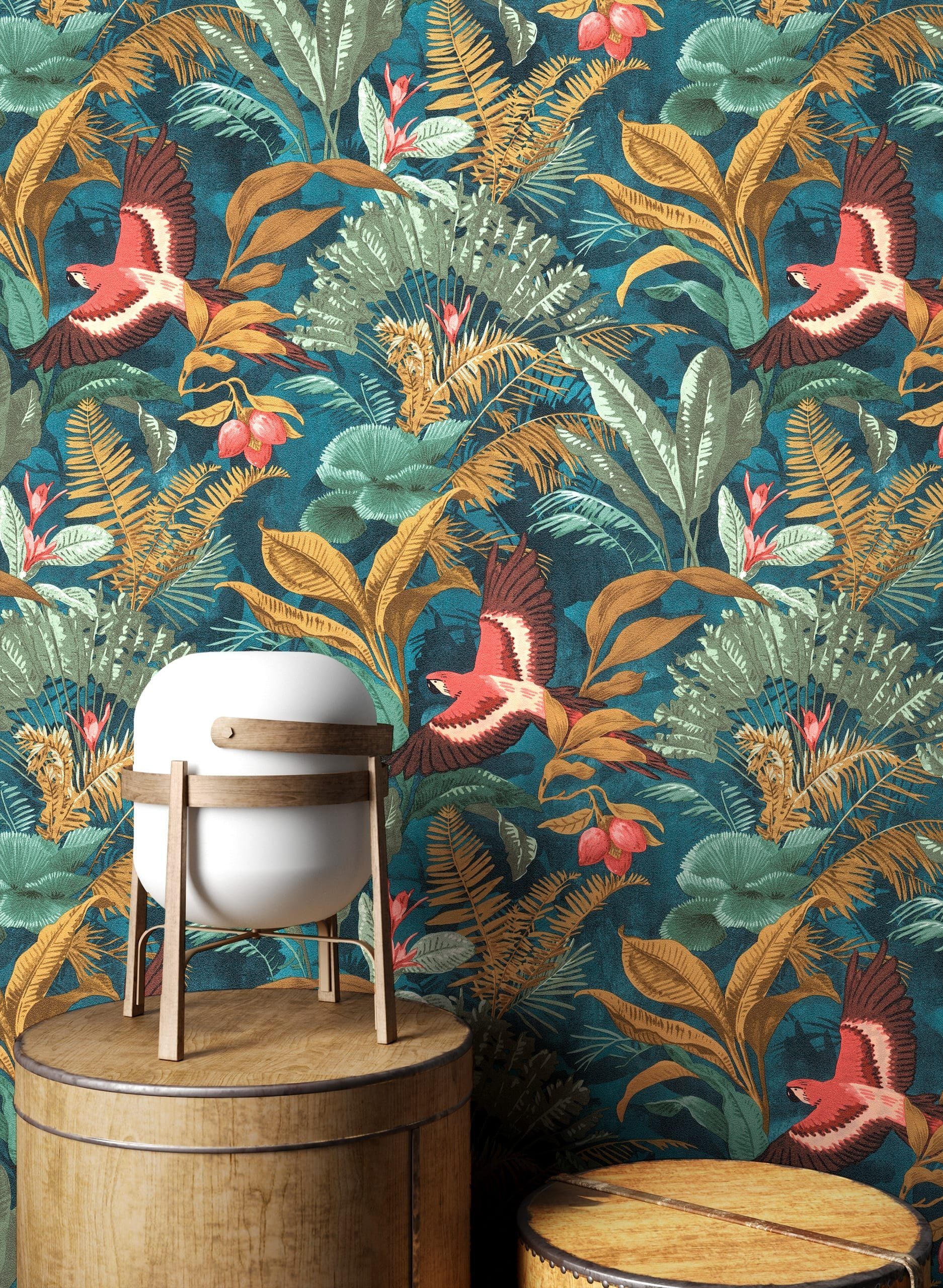 Newroom Vliestapete Zira Tapete Mustertapete Dschungel,Palmenblätter,Papagei, Petrol Tapete Modern Dschungel - Mustertapete Blumentapete Grün Rot Tropisch Floral Palmenblätter Papagei für Wohnzimmer Schlafzimmer Küche, Blumentapete