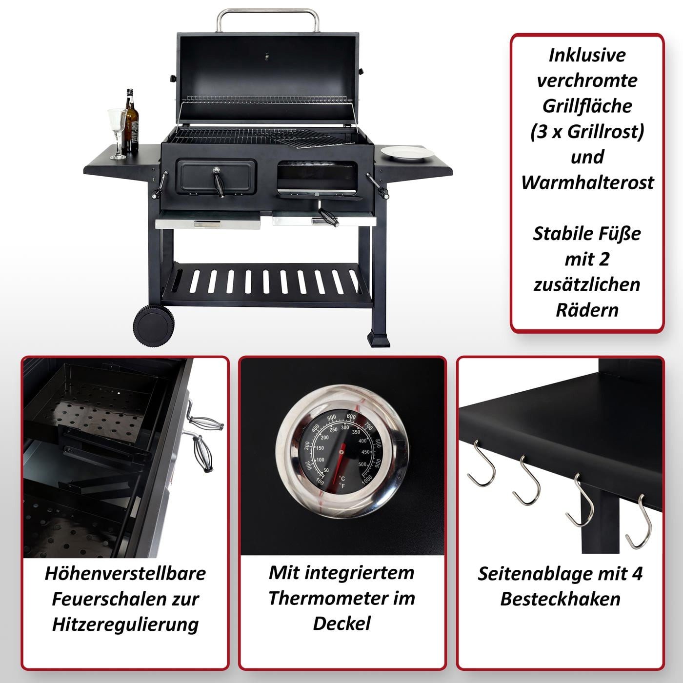 MCW Holzkohlegrill MCW-K94, Höhenverstellbare Feuerschalen zur Hitzeregulierung