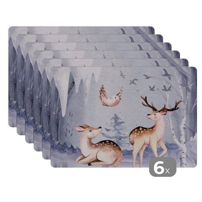 Platzset Winter - Hirsche - Vögel - Schnee MuchoWow (6-St) Platzset Platzdecken Platzmatte Tischmatten Schmutzabweisend