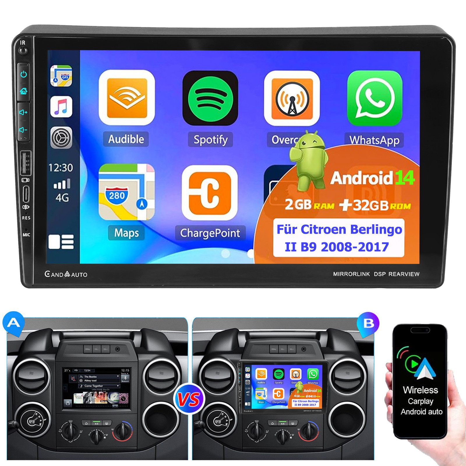 ESSGOO DAB+ Android 14 Autoradio Für Citroen Berlingo Peugeot Partner Type-C Autoradio (DAB (optional), DAB+ (optional), 4+64GB(optional), RDS, AM, FM, Carplay Android Auto Bluetooth EQ USB GPS Navi WIFI Touchscreen)