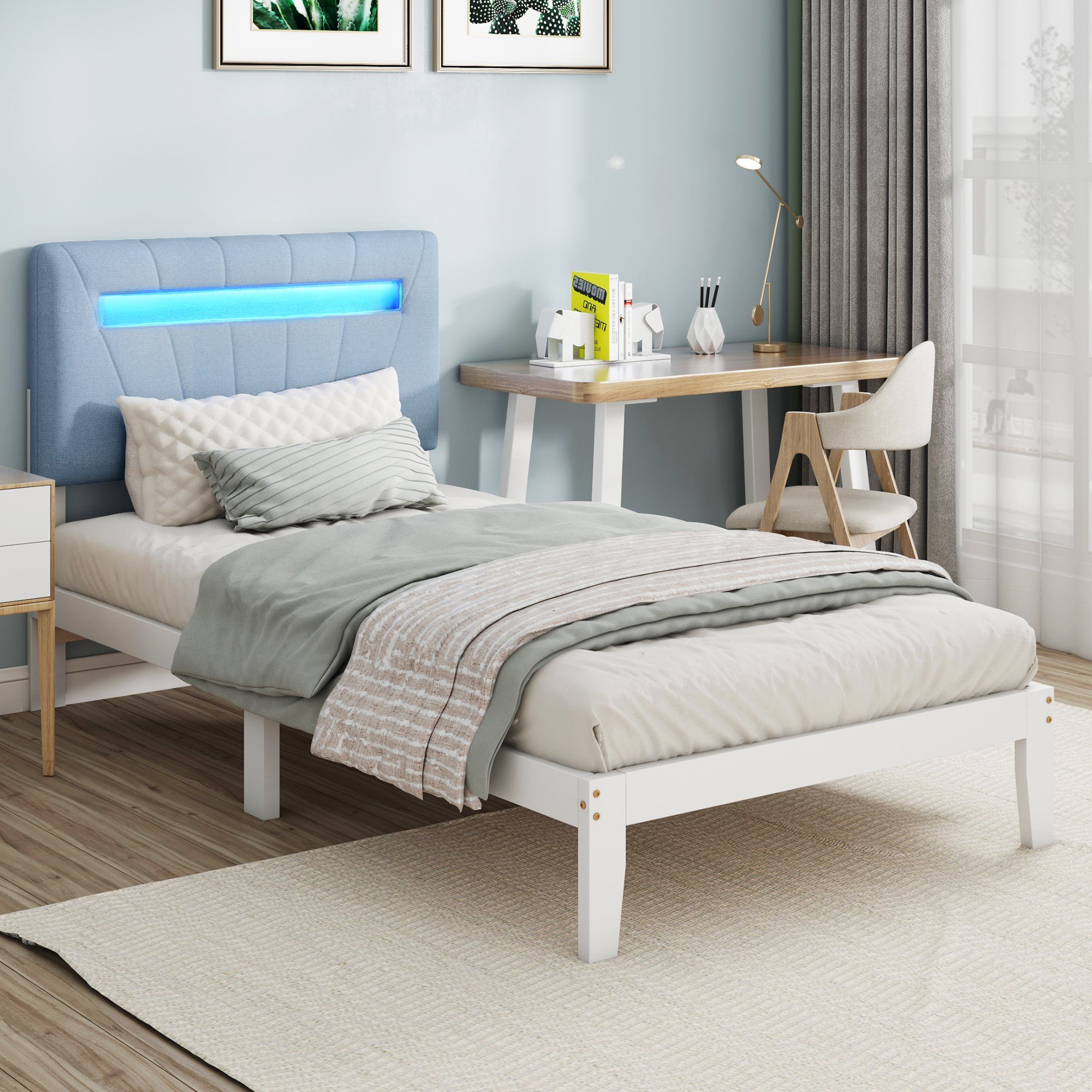 Massivholzbett (Einzelbett Jugendbett), mit LED-Beleuchtung & Polsterkopfteil, 90x200cm