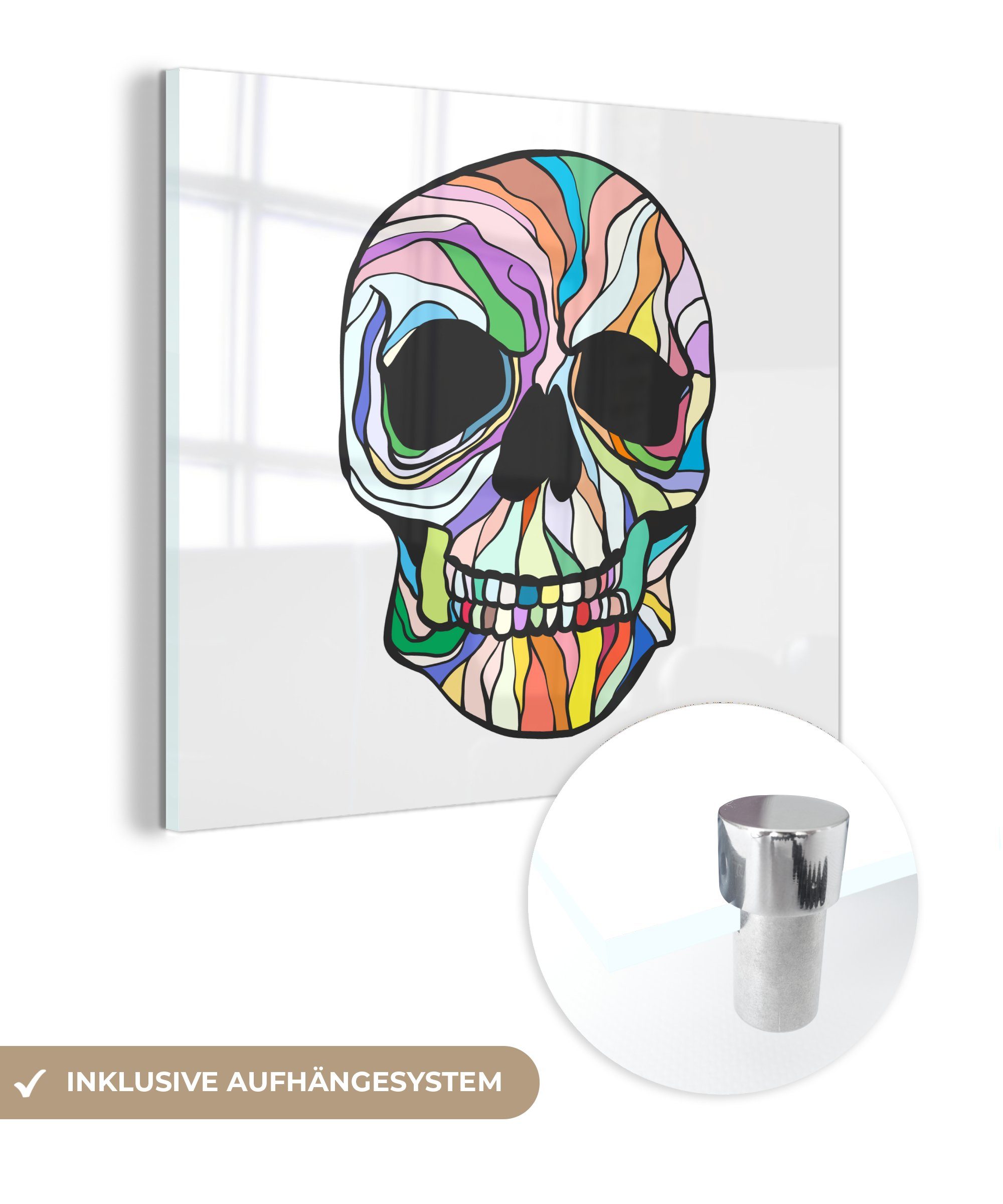 MuchoWow Acrylglasbild Bunte Illustration des Kopfes eines Skeletts, (1 St), Glasbilder - Bilder auf Glas Wandbild - Foto auf Glas - Wanddekoration