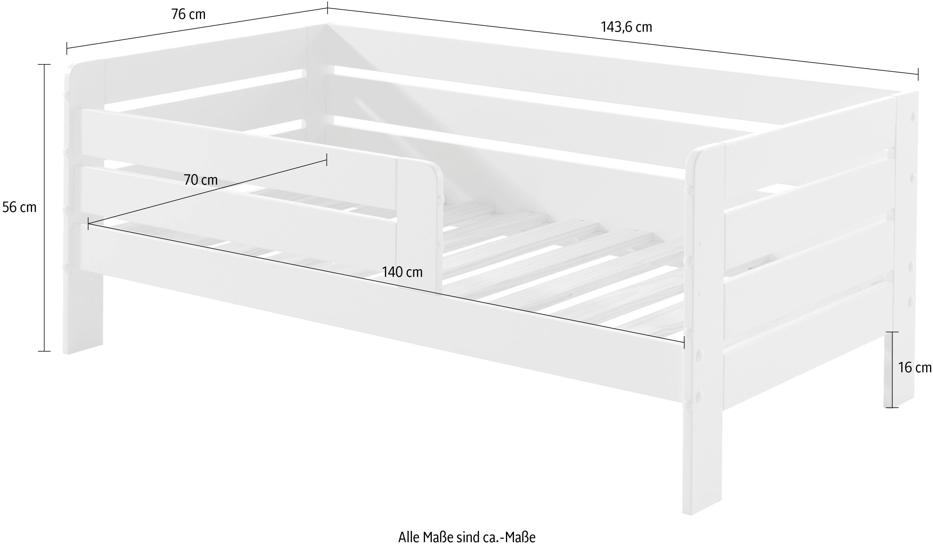 Vipack Kinderbett Junior, Kiefermassiv mit umlaufendem Absturzschutz und Rolllattenrost (B/H/T ca. 143,6x56x70cm, mit niedrigem Betteinstieg), wahlweise in 2 Farben, mit oder ohne Schublade