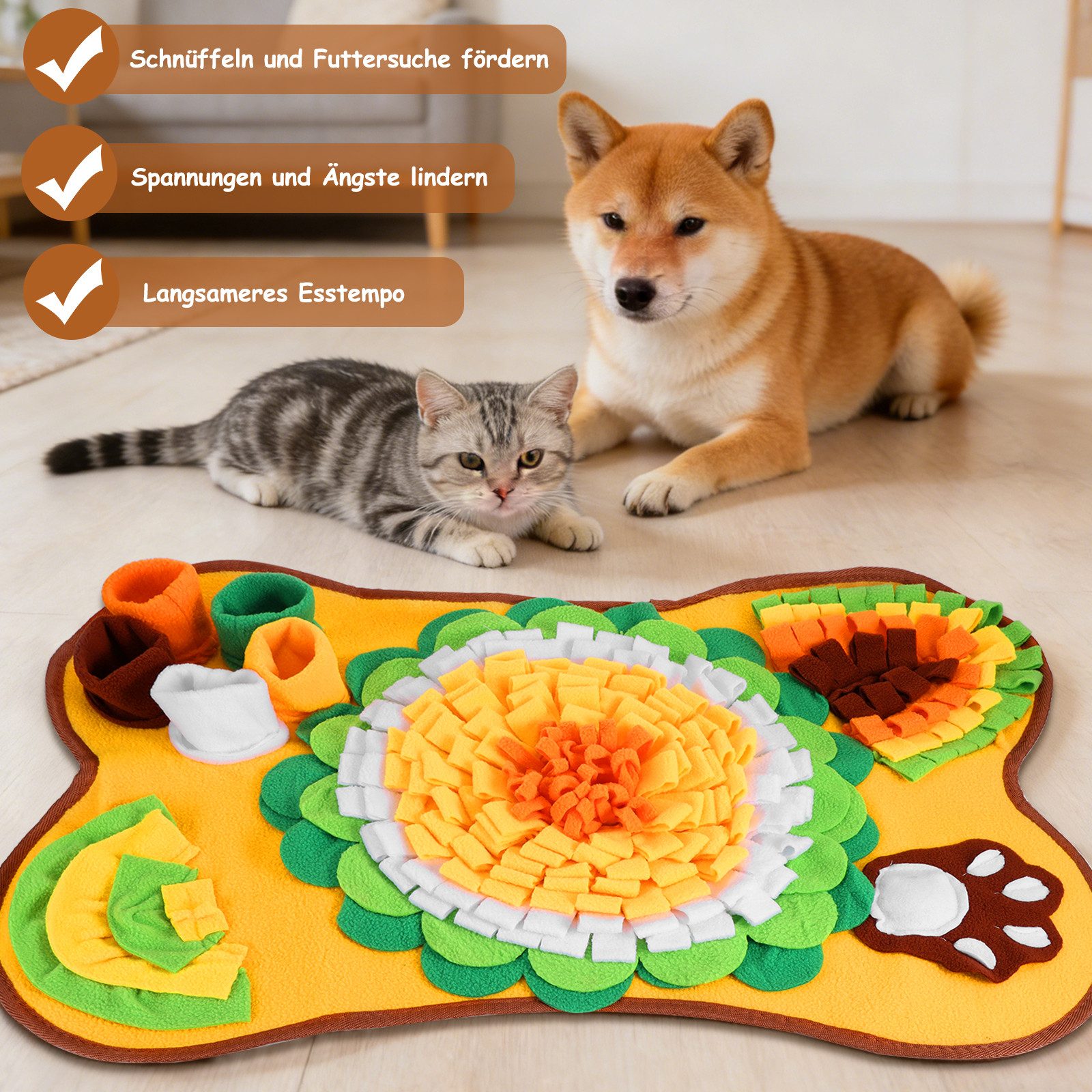 BlingBin Schnüffelteppich Schnüffelmatte für Hunde, Interaktives Spielspielzeug für Haustiere, Plüsch, Waschbare Trainingsmatte 63 x 67CM, Schnüffelteppich