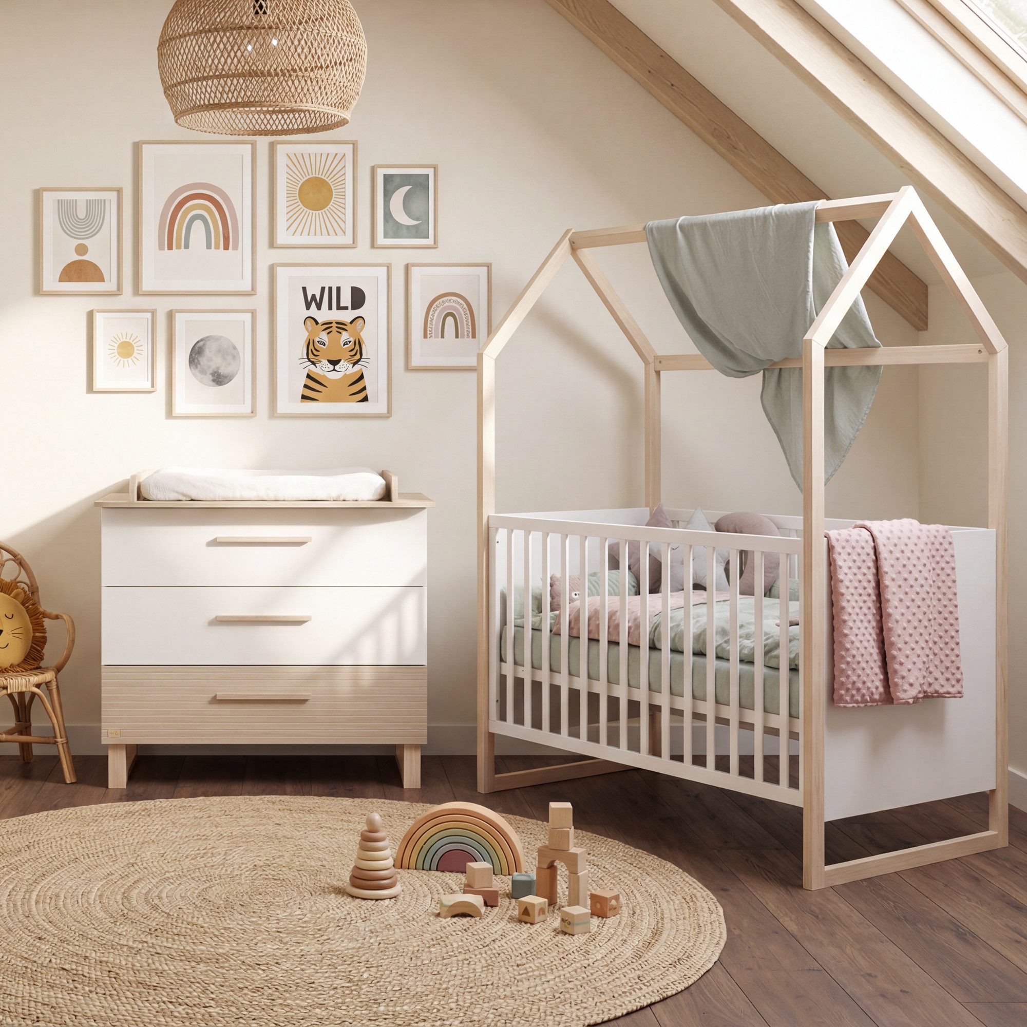roba® Babymöbel-Set Noah - moderney Kinderzimmer Set mit eleganten Füßen - aus Holz, (2-teiliges Set, Babybett 70 x 140 cm Liegefläche, Wickelkommode), Füße und Griffe aus Massivholz - Scandi Design - Weiß / Walnuss
