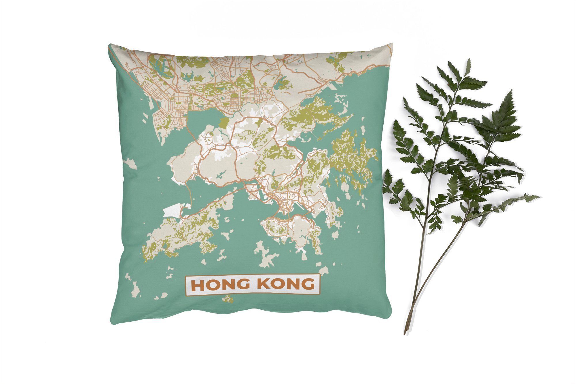 MuchoWow Dekokissen Karte - Hongkong - Stadtplan - Vintage - Karte, Zierkissen mit Füllung für Wohzimmer, Schlafzimmer, Deko, Sofakissen