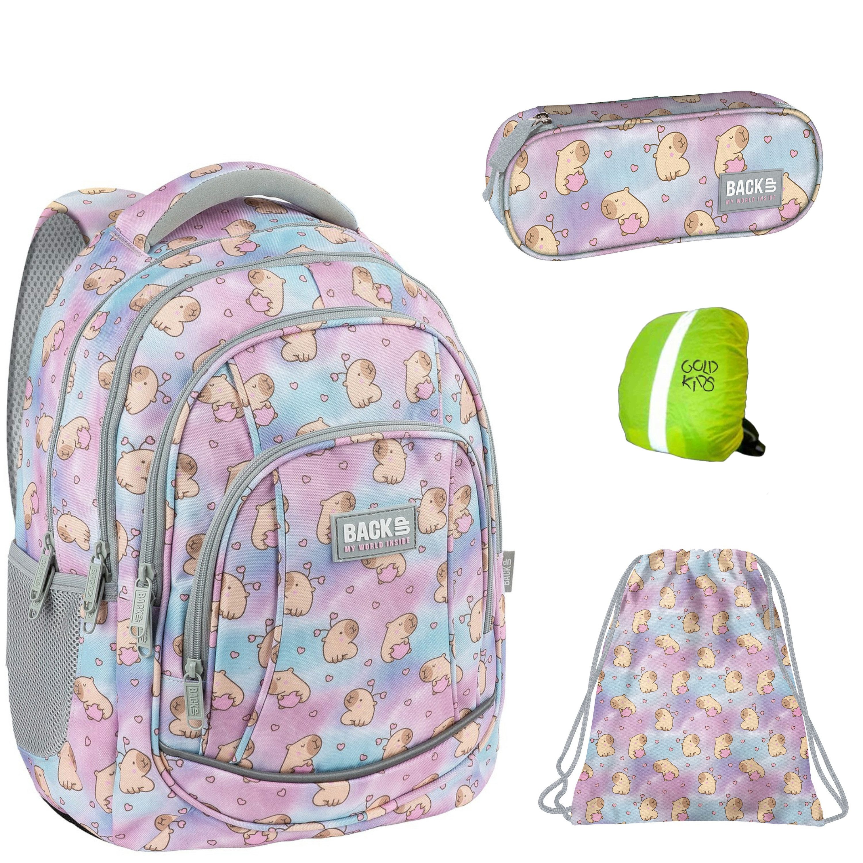 GOLDKIDS Schulranzen für Jungen und Mädchen, 4er-Set - (Schul-Rucksack für Kinder mit Schlampermäppchen, 4-tlg., - und Regenschutz), -Kapibara Motiv