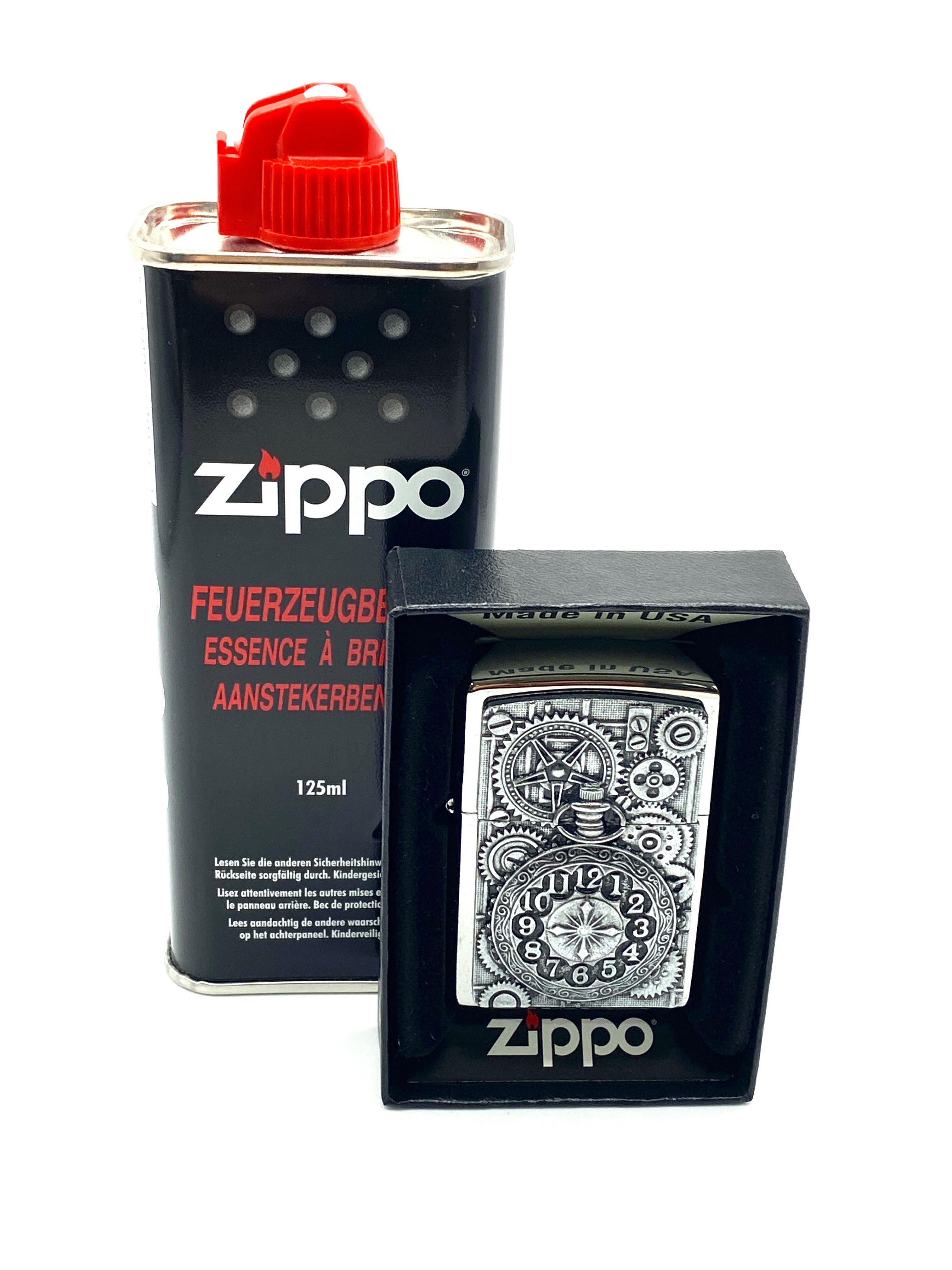 Feuerzeug Pocket Watch Taschenuhr chrom Sturmfeuerzeug inkl. 125ml Benzin