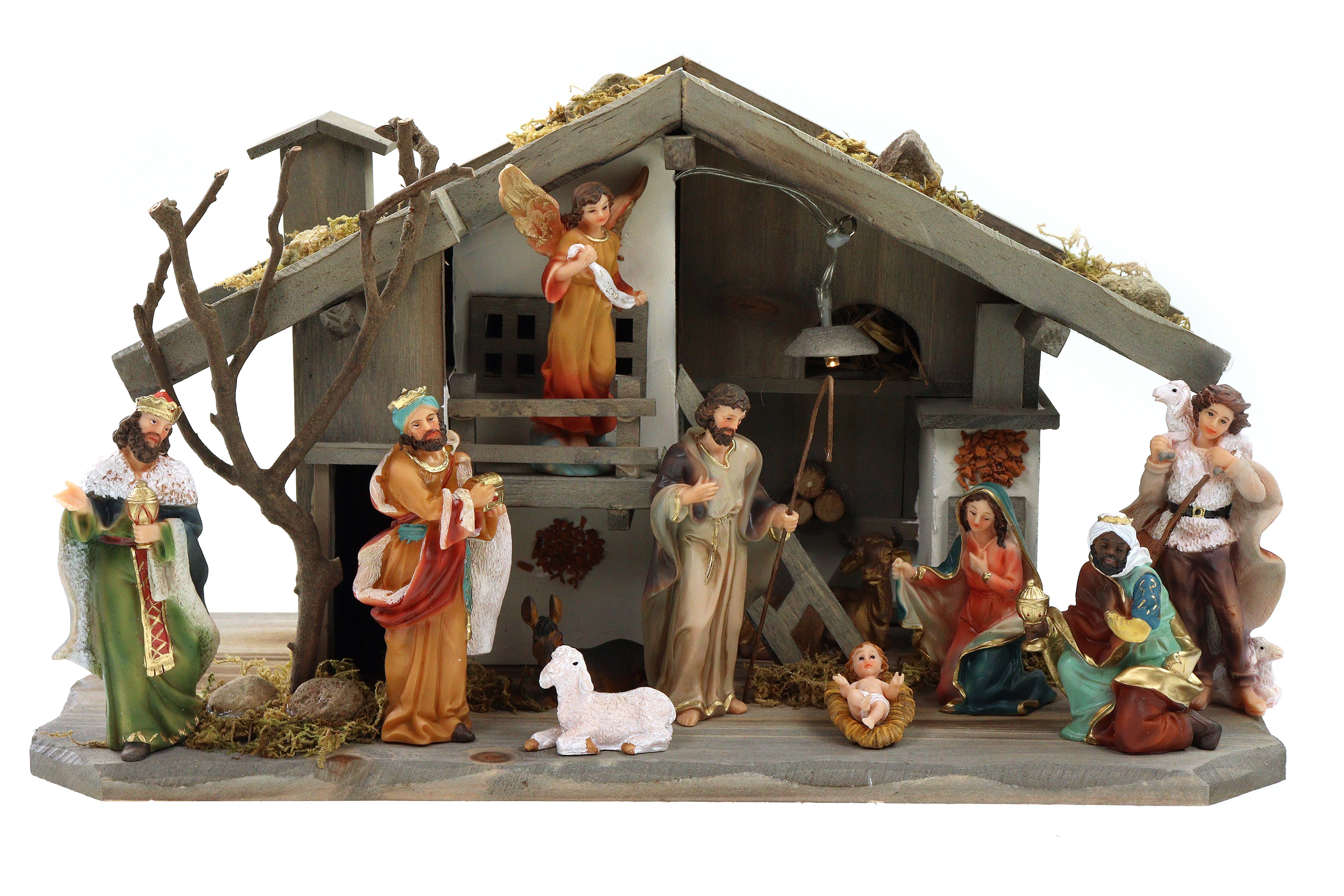 ELLUG Krippe Holz Krippenstall, Holzkrippe, Weihnachtskrippe mit Licht  38*18*21cm (MIT Krippenfiguren) (12-tlg), eine Krippe aus Holz, elf Figuren  aus Polyresin