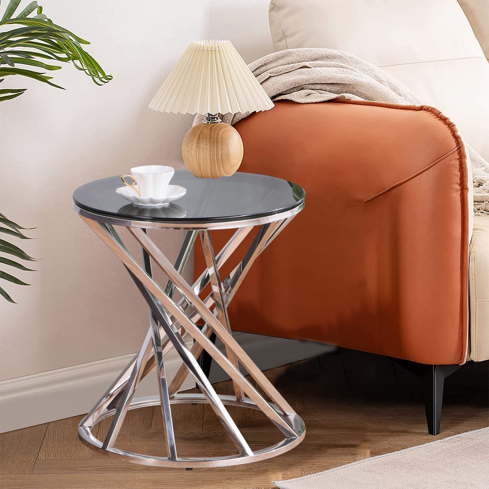 JYMTOM Beistelltisch Runder Glas Couchtisch Sofatisch Edelstahl Kaffeetisch (1-St), Schreibtischmöbel Teetisch aus gehärtetem Glas, 50 cm rund