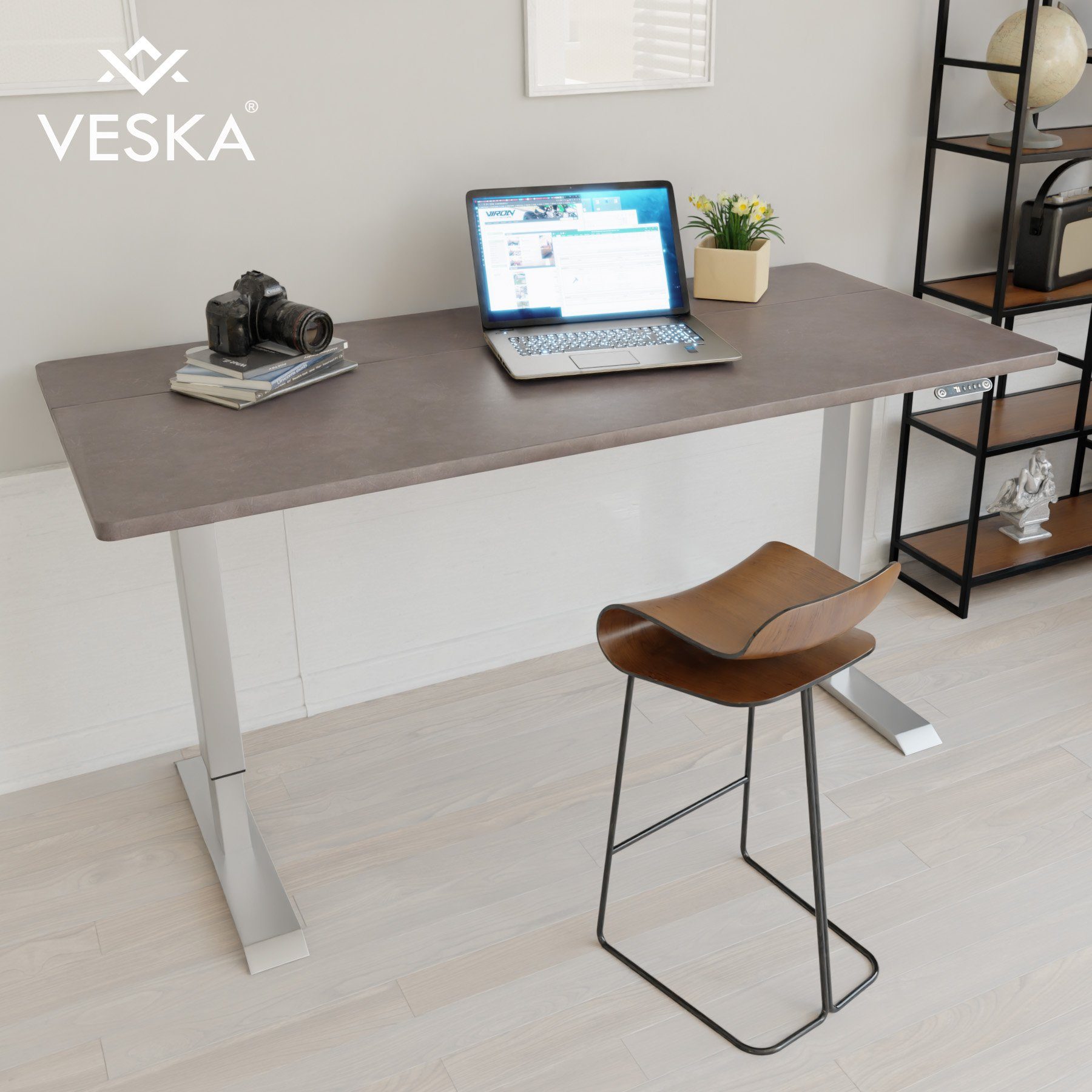 VESKA Schreibtisch Höhenverstellbar 140 x 70 cm - Bürotisch Elektrisch mit Touchscreen - Sitz- & Stehpult Home Office Silber | Stein-Anthrazit