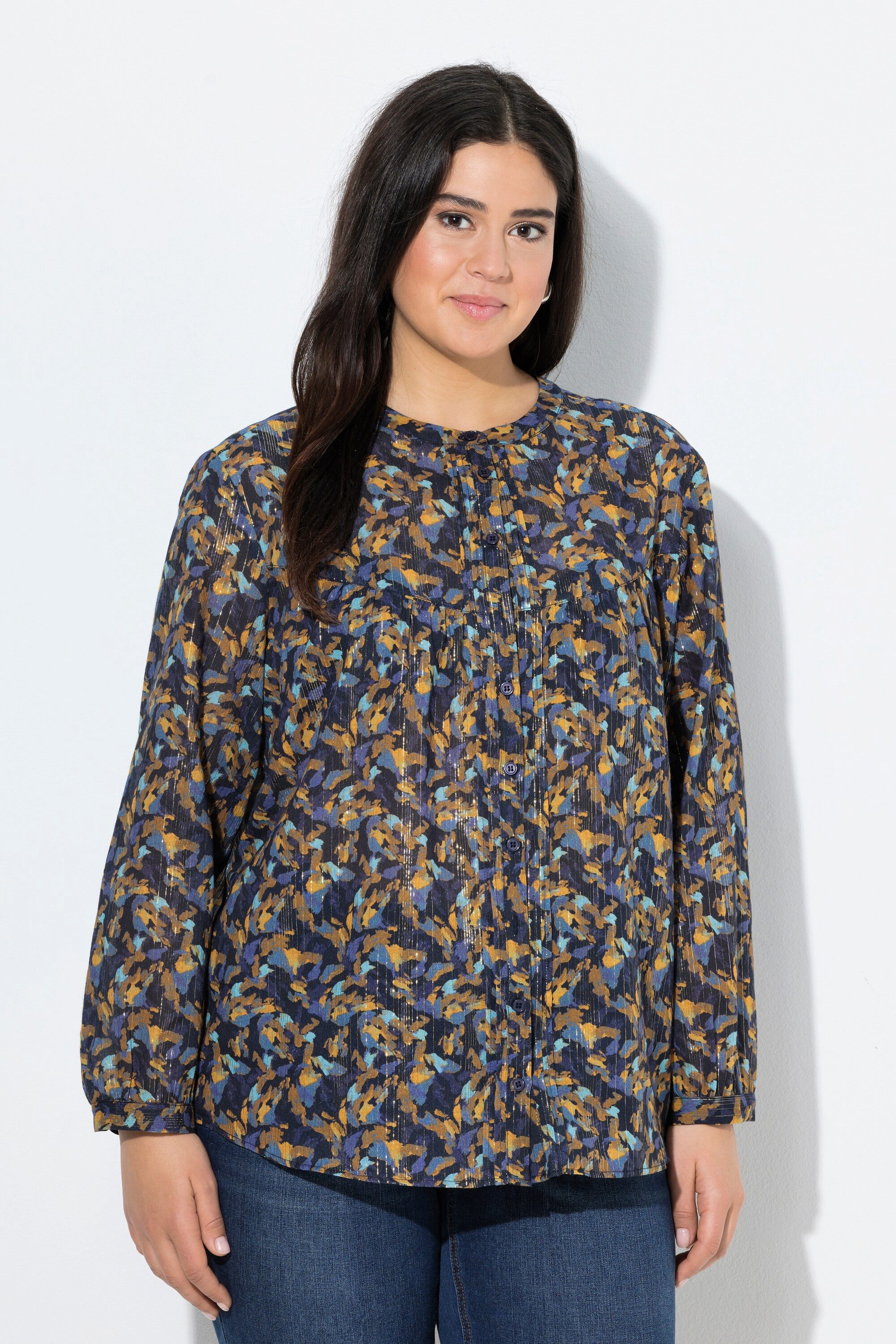 Ulla Popken Tunika Bluse Metallic-Linien A-Linie Rundhals Langarm