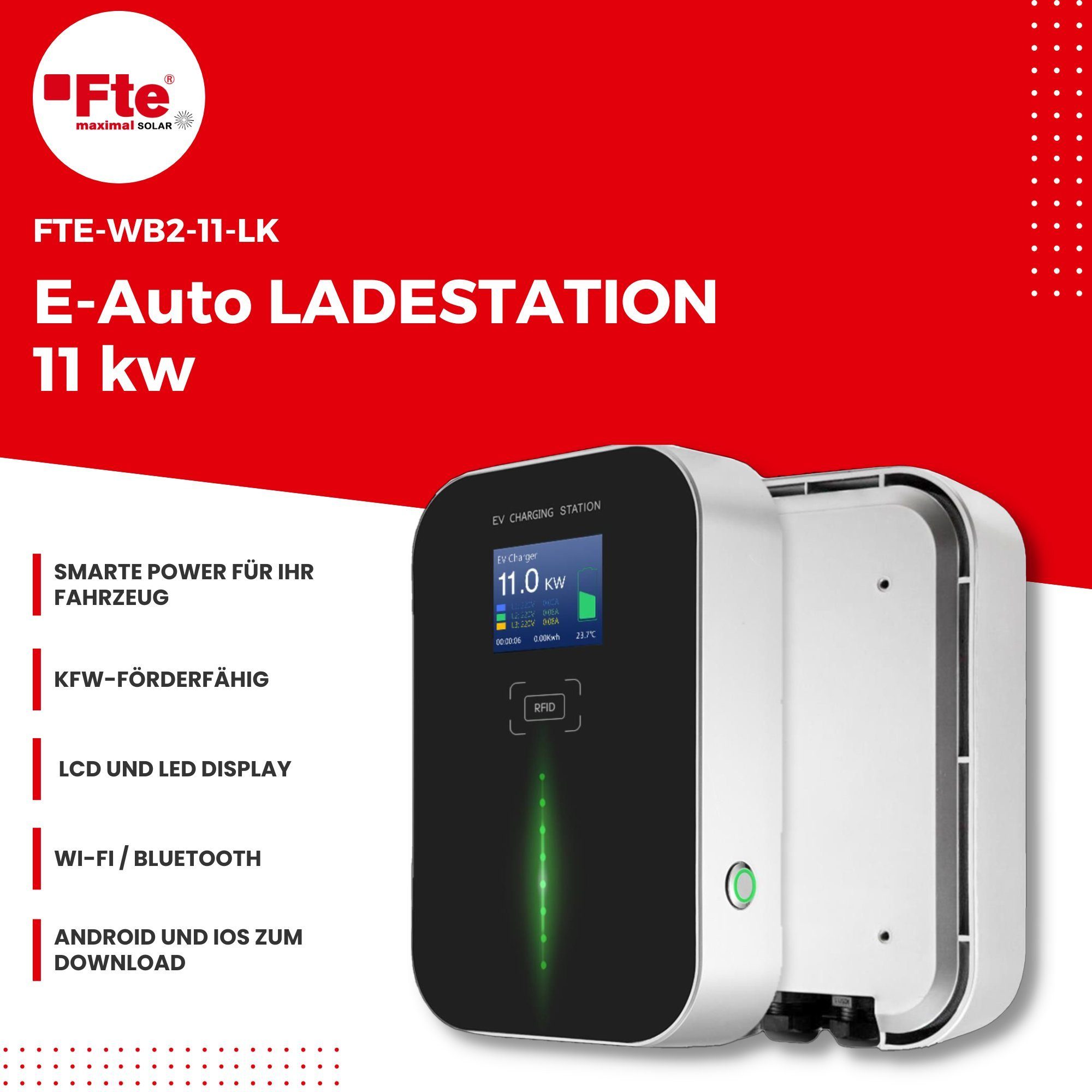 / m kW, Ladestation FTE 16A, 11,00kW Fte-WB2-11-LK Kabel, stationär Elektroauto-Ladestation 3-phasig, 6 App, 1-St. 11