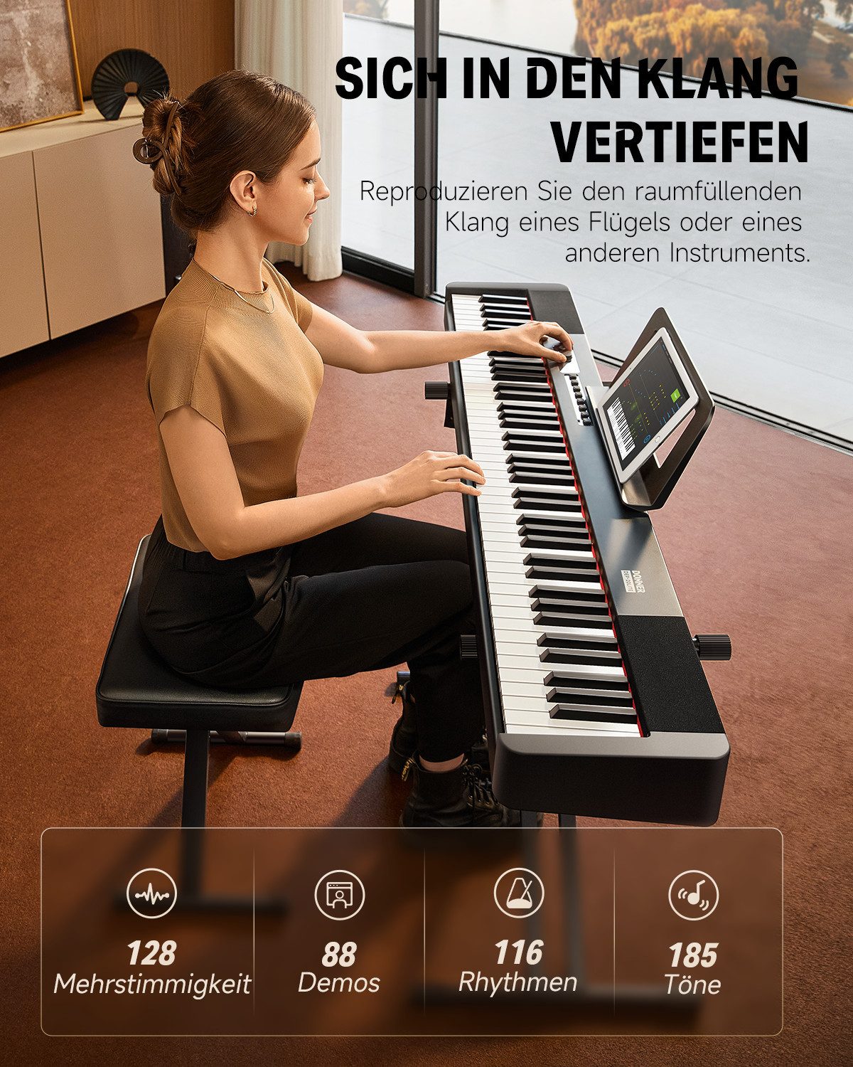 Donner Digitalpiano 88 Tasten Gewicht Digitalpiano mit Ständer, Sustain-Pedal DEP-20 Lite (Set, mit Ständer, Haltepedal, und Tastaturaufklebern), für Anfänger Tragbares E-Piano
