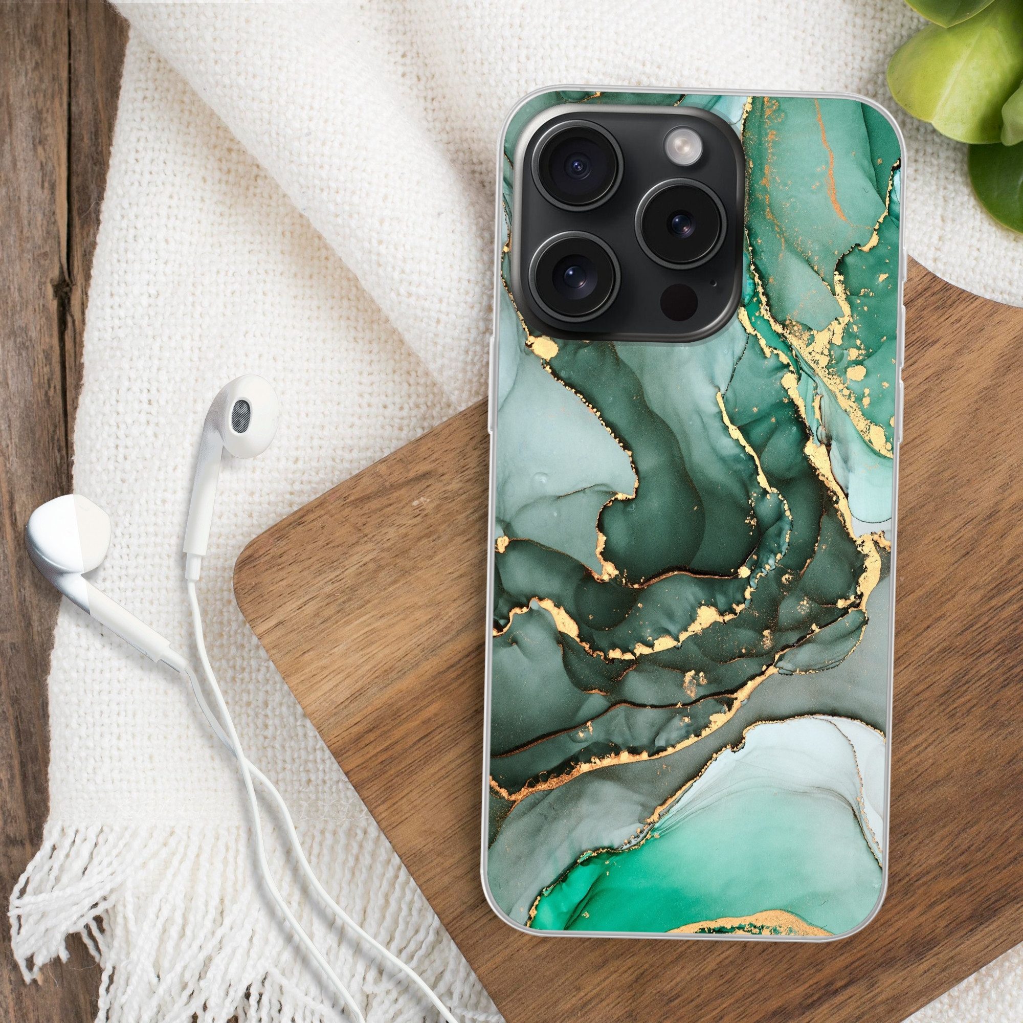 MuchoWow Handyhülle für Apple iPhone 15 Pro Gold - Marmor - Grün - Luxus - Marmoroptik - G, Smartphone-Bumper, Print, Handy Schutzhülle Dünn