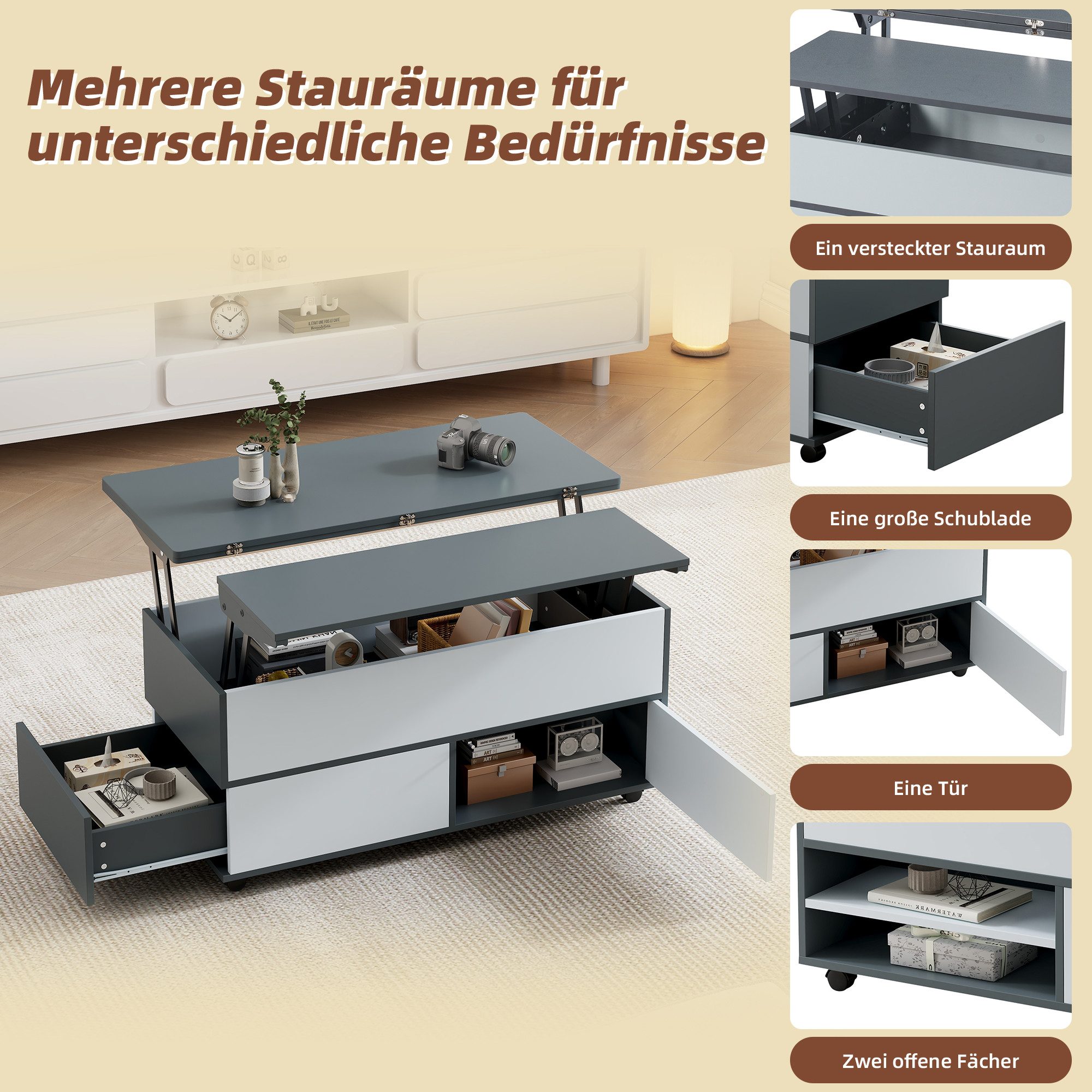 Merax Couchtisch höhenverstellbar Sofatisch Beistelltisch in Weiß-Grau (1-St), Wohnzimmertisch mit Schublade Schrank & Ablagefächern, 100x98x65cm – Bild 5 von 5