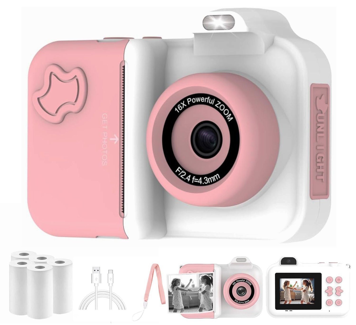 Toomoke Kinderkamera 1080P 2,4-Zoll-Bildschirm,Spielzeugkameras Kinderkamera (Doppelobjektive und 16-facher Digitalzoom, inkl. Sofortdruck auf Thermopapier, Videoaufzeichnung,Rosa, Fotografie, Zeitrafferfotografie, Kinderspiele, MP3, Fotoaufkleber)