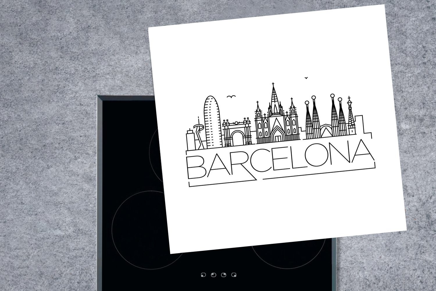 MuchoWow Herdblende-/Abdeckplatte Skyline "Barcelona" weiß, Ceranfeldabdeckung, Vinyl, für 78x78 Arbeitsplatte (1 cm, küche tlg)