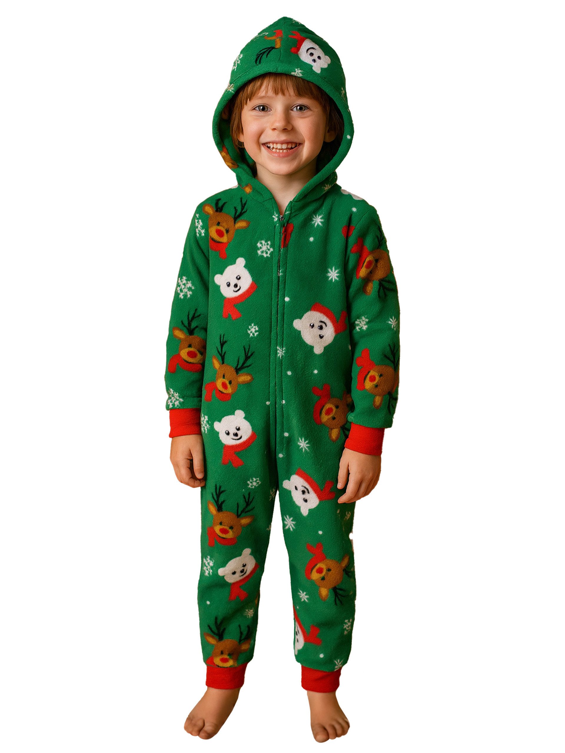 Jumpsuit X-MAS Jumpsuit mit Kapuze Rentier Eisbär Overall Pyjama Schlafanzug