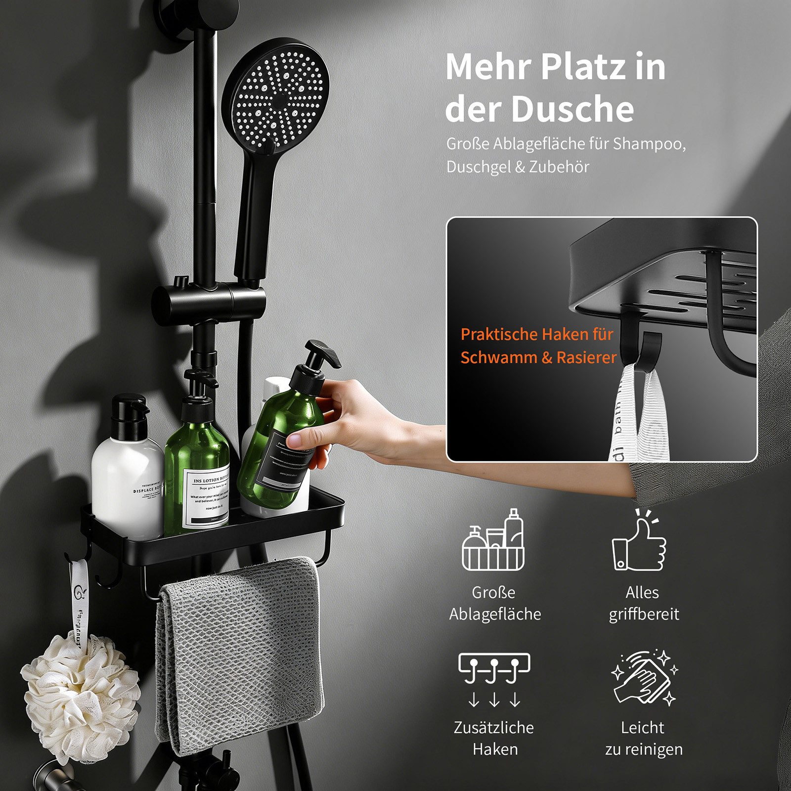 HOMELODY Duschsystem Regendusche 30 cm mit Ablage Handbrause 5 Funktionen Schwarz, Duschset Edelstahl Umsteller höhenverstellbar PVC Schlauch ohne Bohren