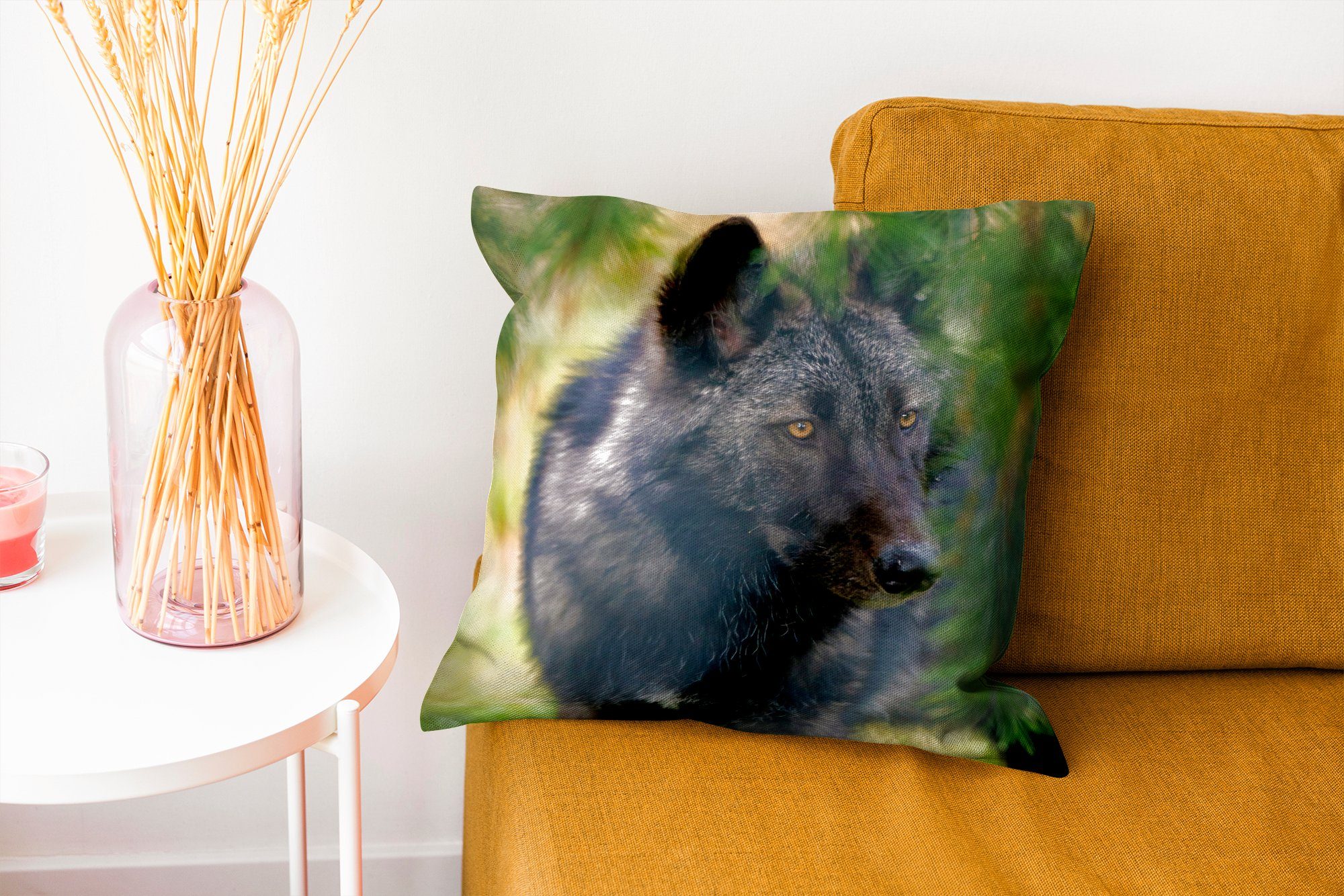 Füllung MuchoWow - Blätter, - Wolf mit Schlafzimmer, für Wohzimmer, Zierkissen Deko, Dekokissen Makro Sofakissen