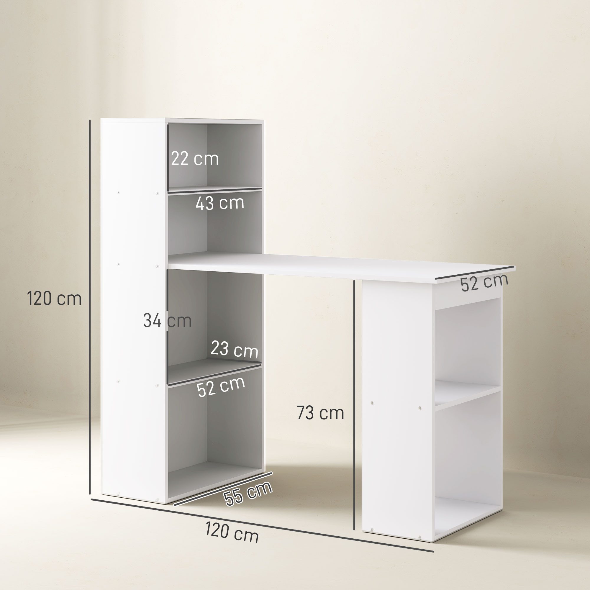 HOMCOM Schreibtisch Küchentisch mit Regal Computertisch Arbeitstisch (Laptoptisch, 1-St., Büroregal), Weiß 120 x 55 x 120 cm